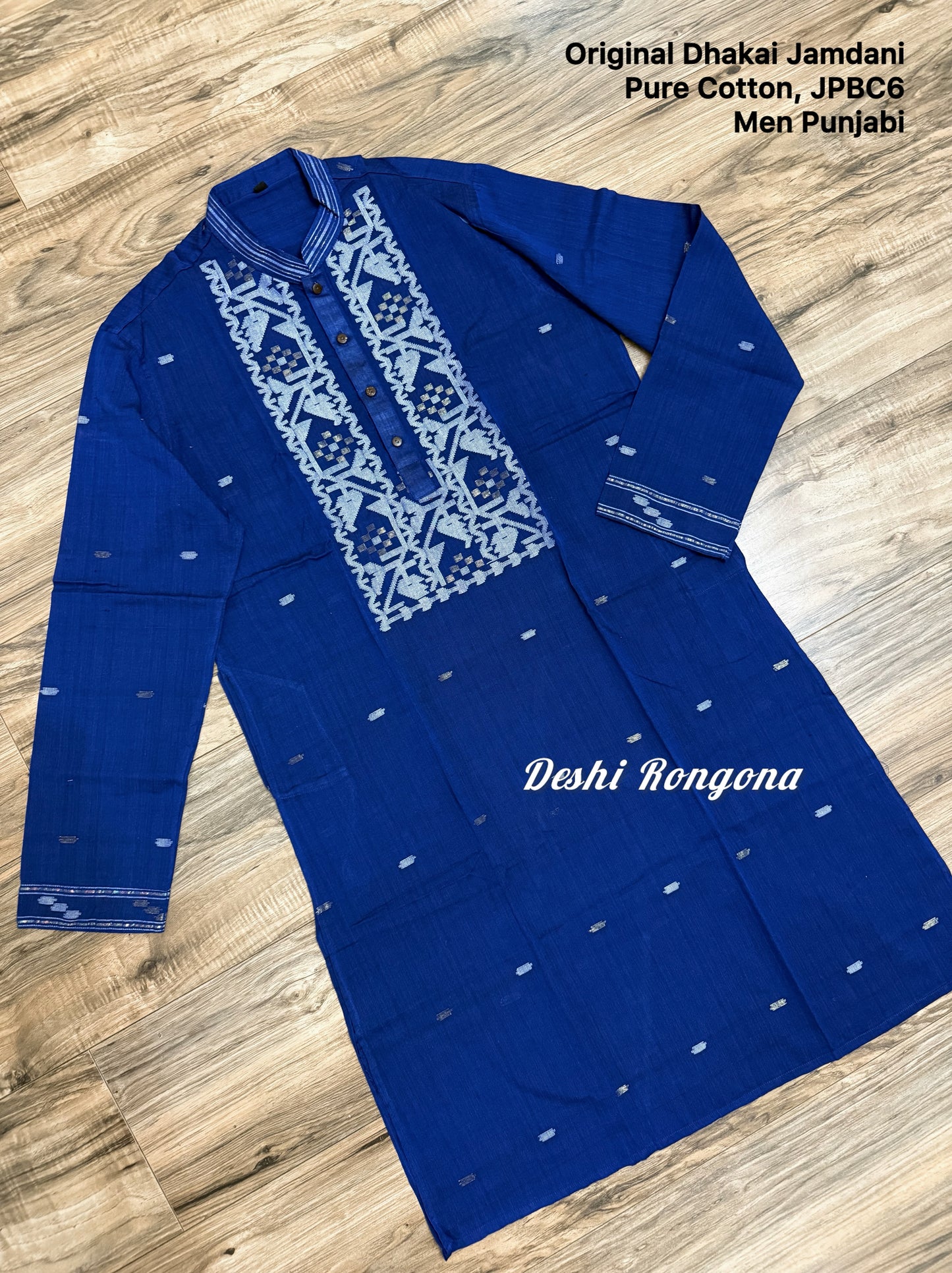 Original Dhakai Jamdani Punjabi – Handwoven Pure Cotton, Deep Blue
