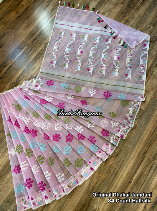 Handwoven Dhakai Jamdani Saree – Baby Pink Halfsilk