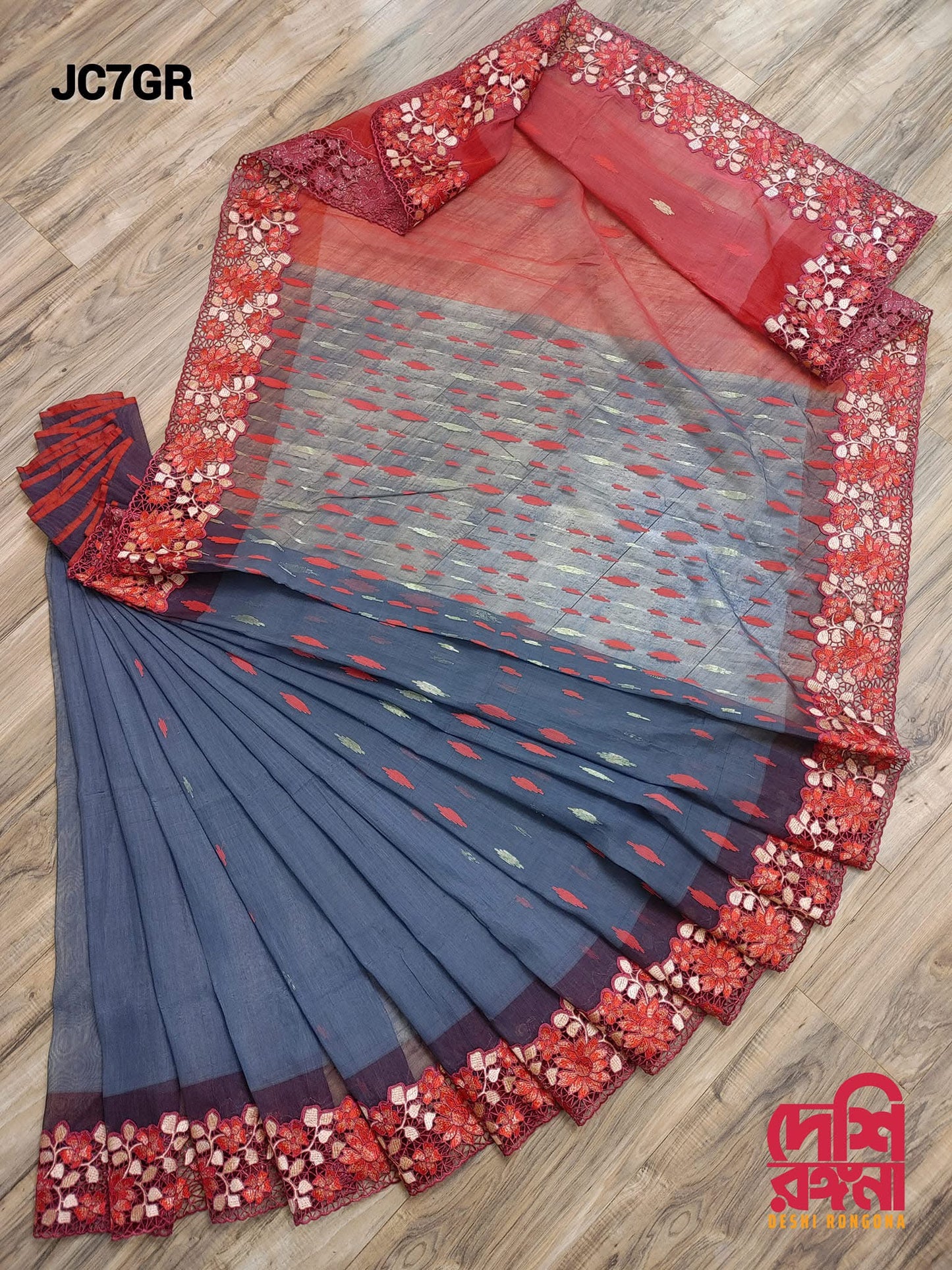Gray-Red Cutwork Dhakai Jamdani – Halfsilk 64 count