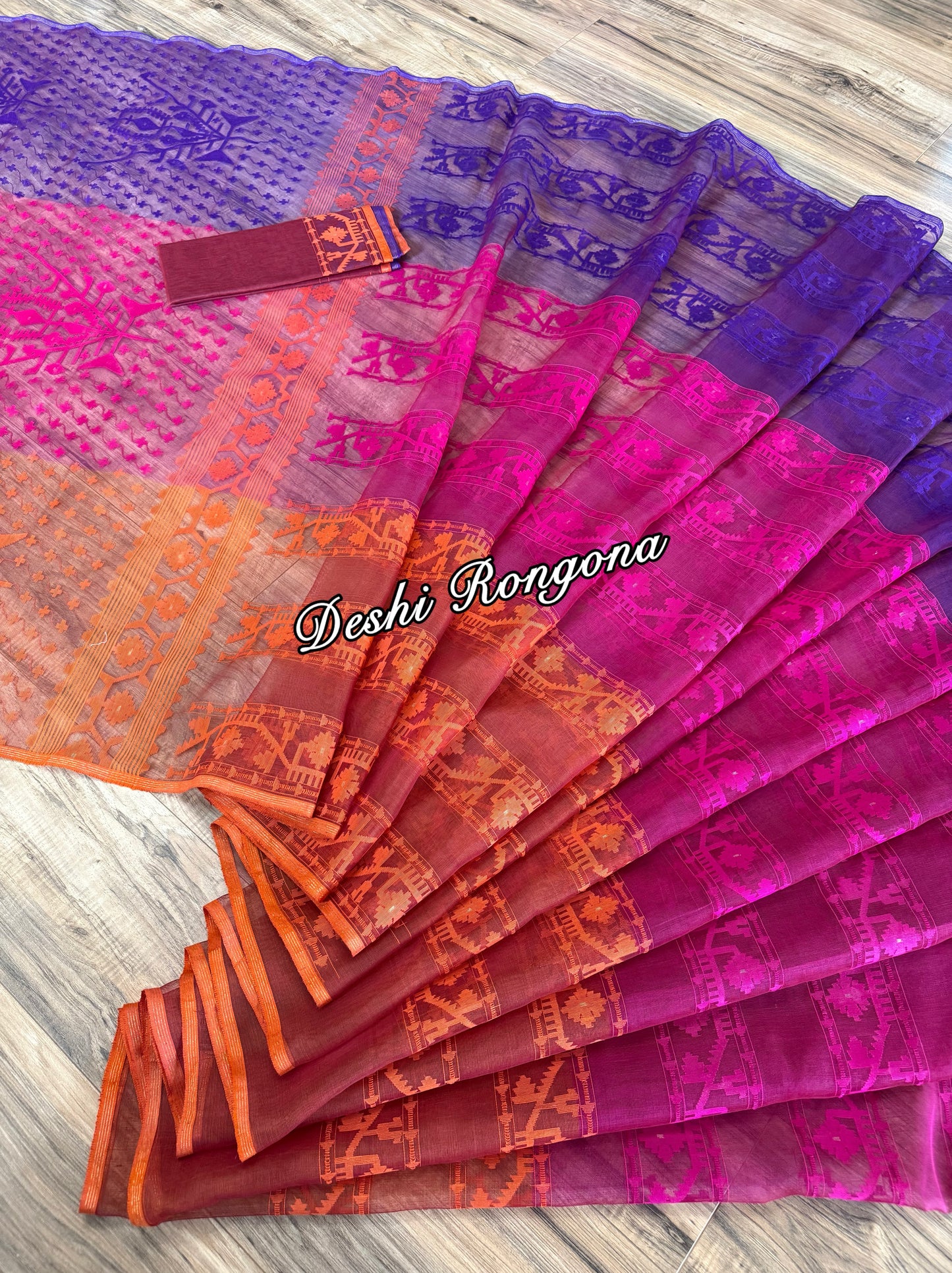Elegant Magenta Orange Purple Dhakai Jamdani Saree - Handloom Classic