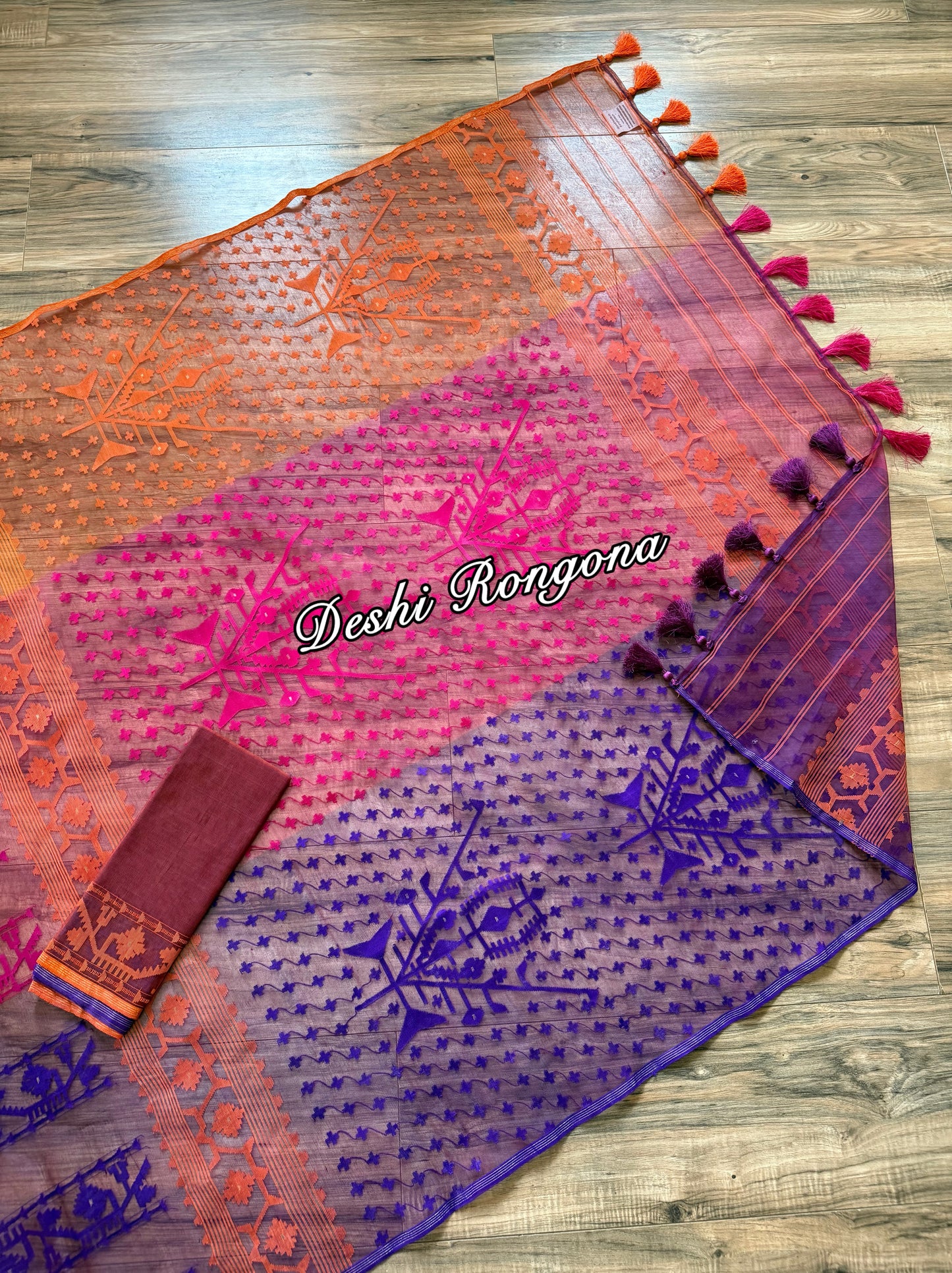 Elegant Magenta Orange Purple Dhakai Jamdani Saree - Handloom Classic