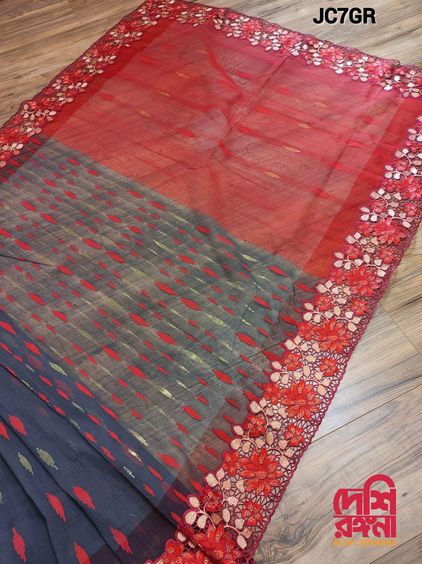 Gray-Red Cutwork Dhakai Jamdani – Halfsilk 64 count