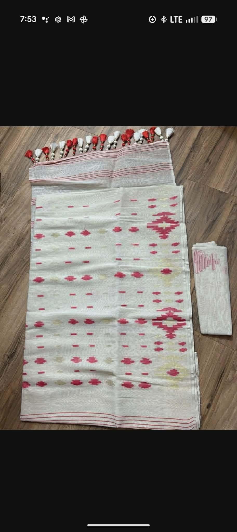 White Red Dhakai Jamdani Saree - Handwoven 40 Count Halfsilk