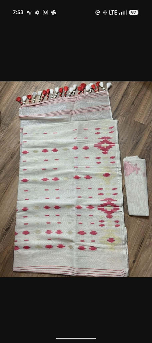 White Red Dhakai Jamdani Saree - Handwoven 40 Count Halfsilk