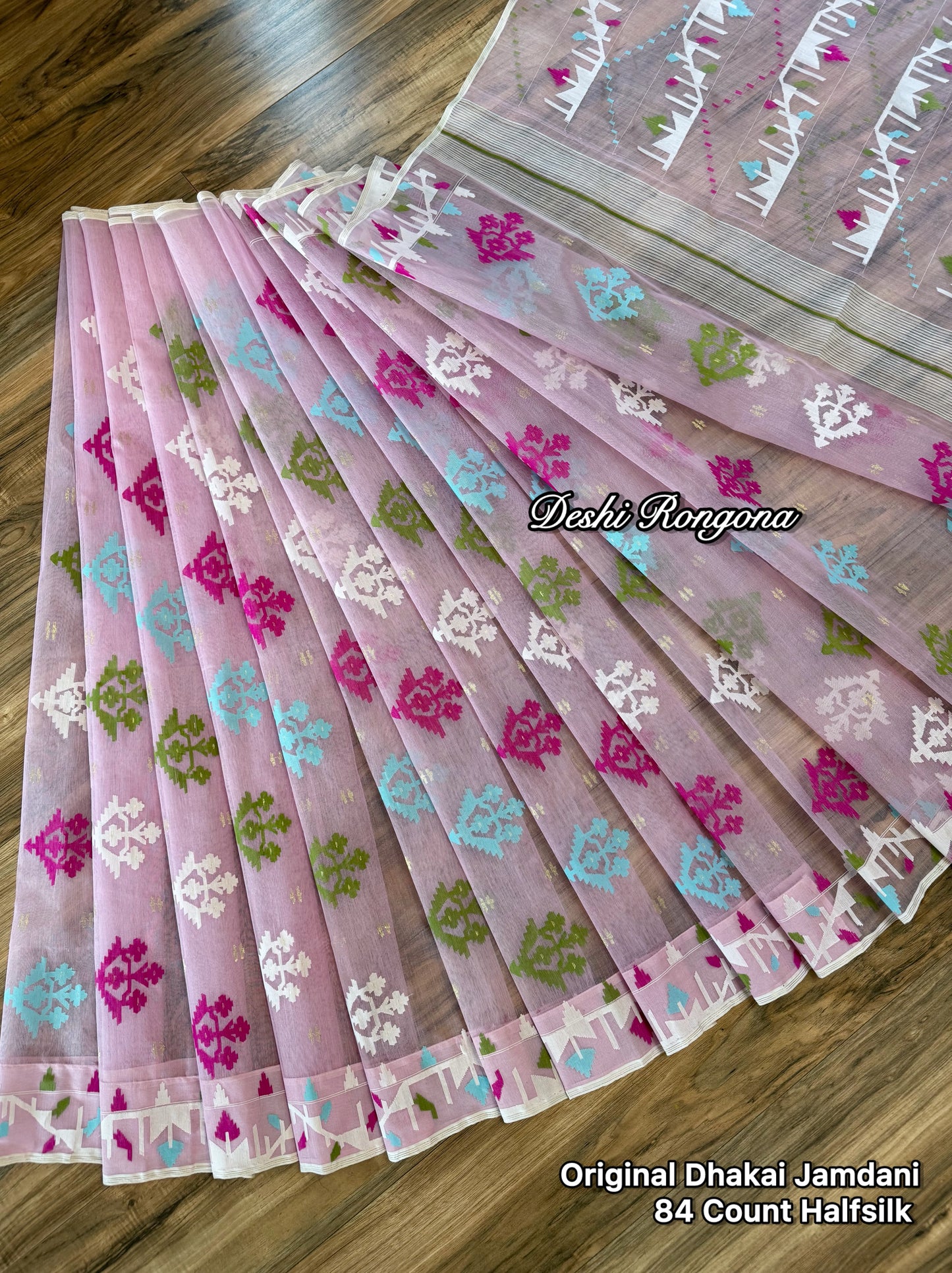 Handwoven Dhakai Jamdani Saree – Baby Pink Halfsilk