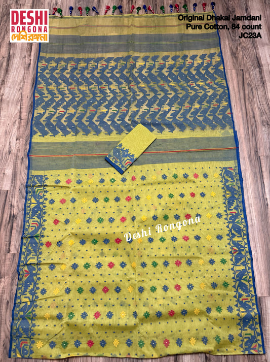 Elegant Dhakai Jamdani Saree, Classic Lemon Olive