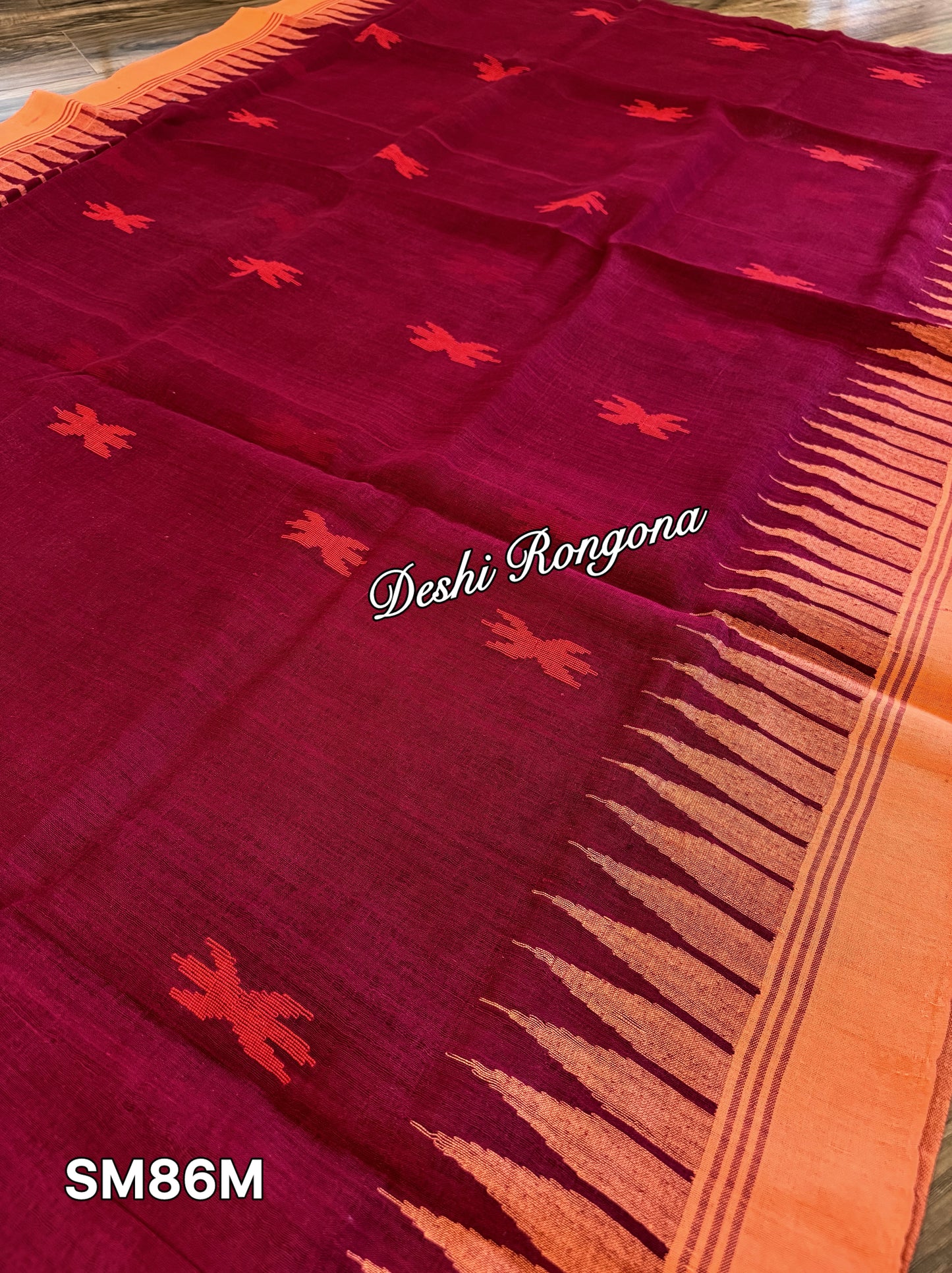 Monipuri Cotton saree, Maroon and Orange