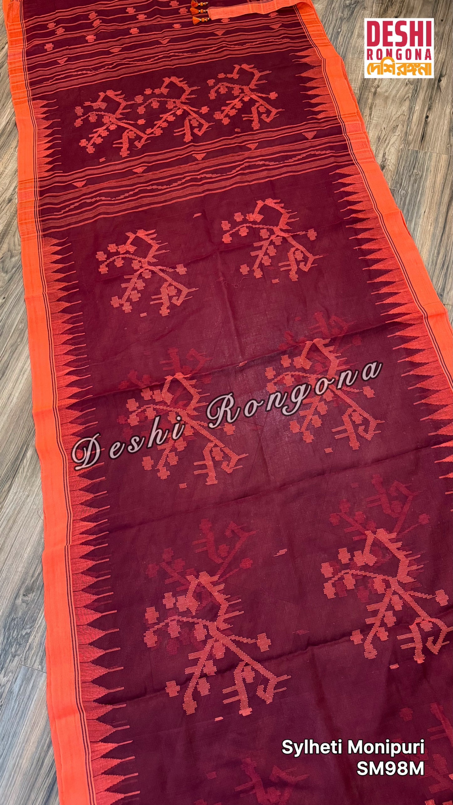 Monipuri Cotton saree, Maroon and Orange