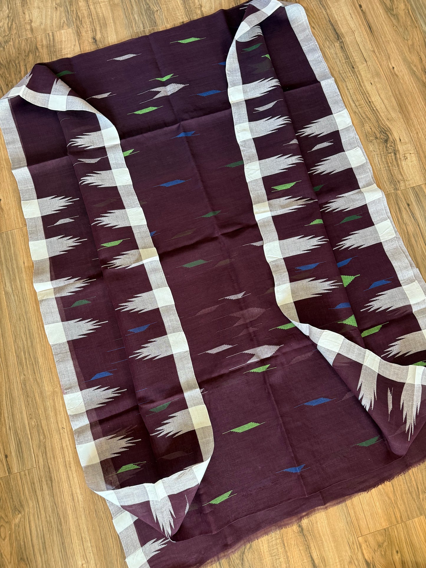 Sylheti Monipuri Handwoven Saree – Coffee with White Border