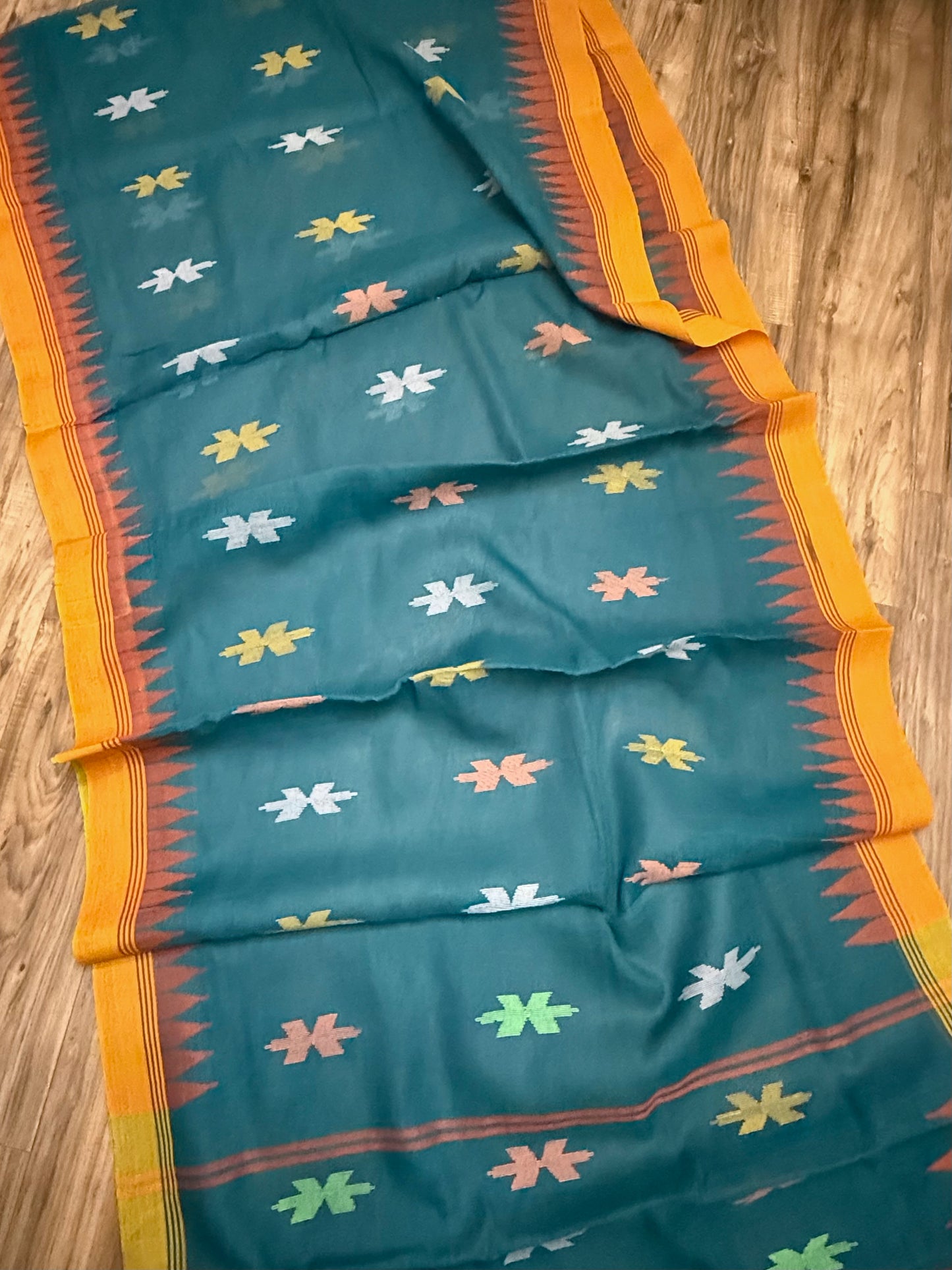 Sylheti Monipuri Handwoven Sea Green Saree with Orange