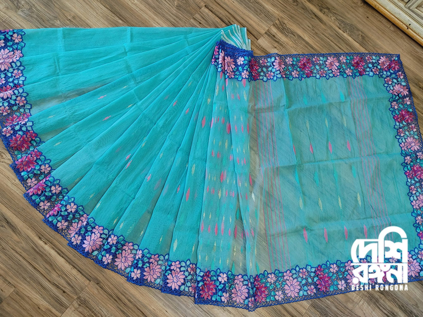 Turquoise Dhakai Jamdani with Cutwork Embroidery