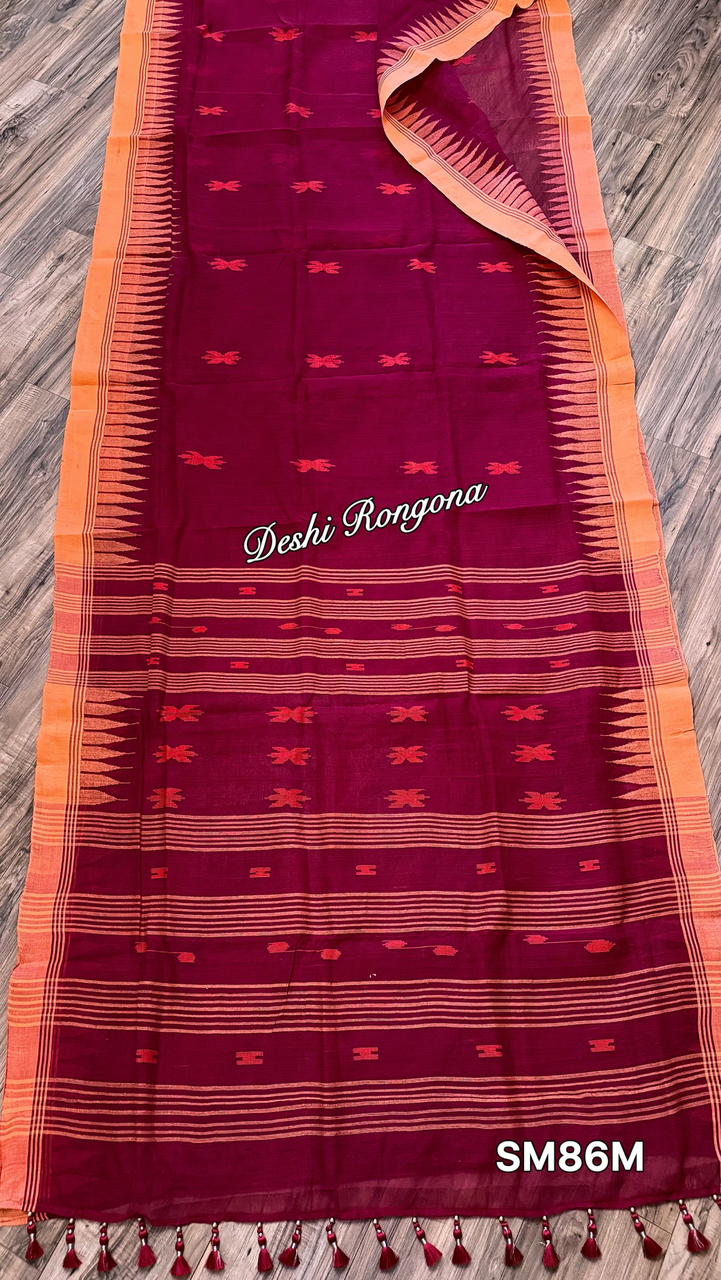 Monipuri Cotton saree, Maroon and Orange