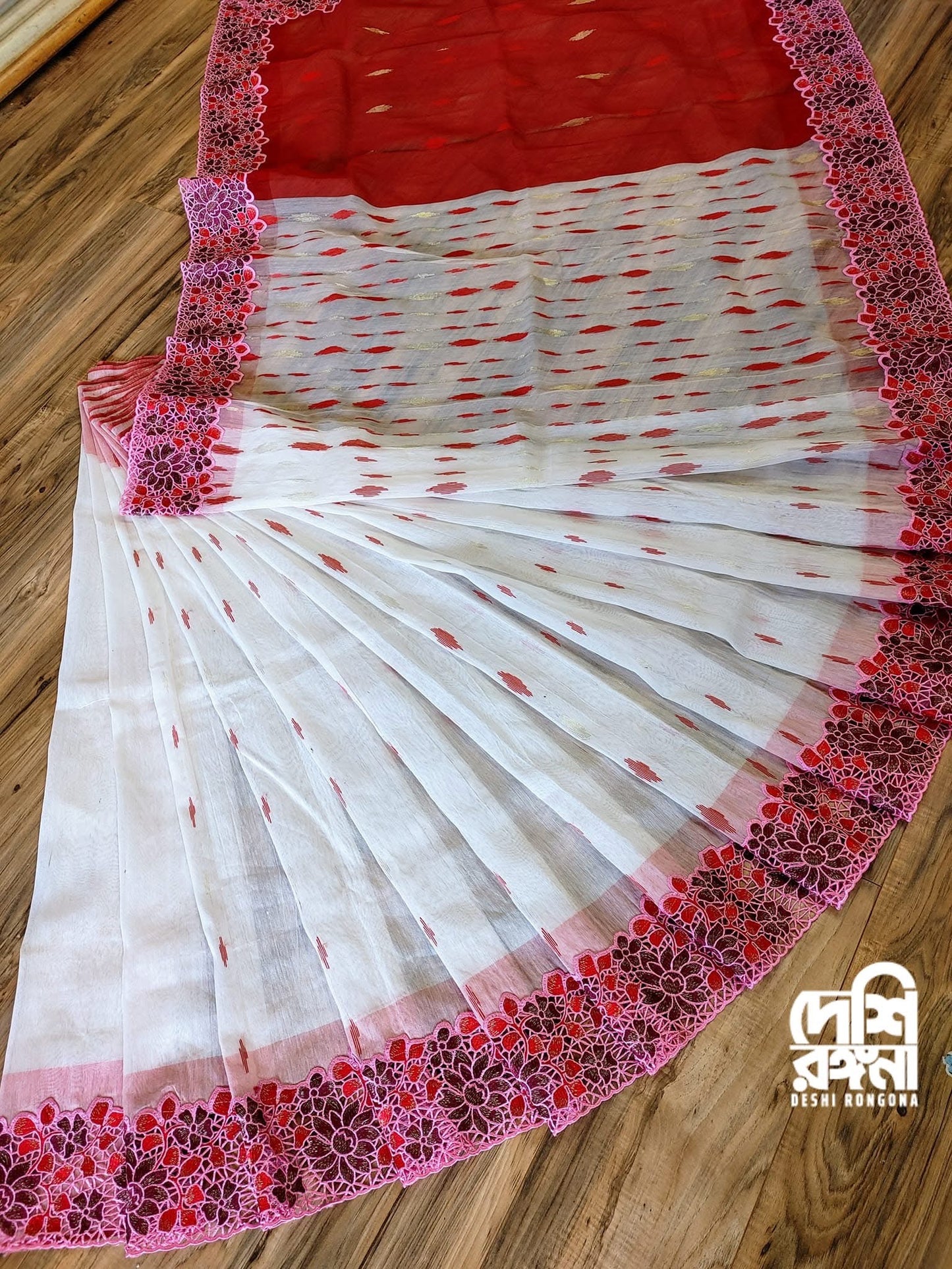 White-Red Cutwork Dhakai Jamdani – Designer Collection