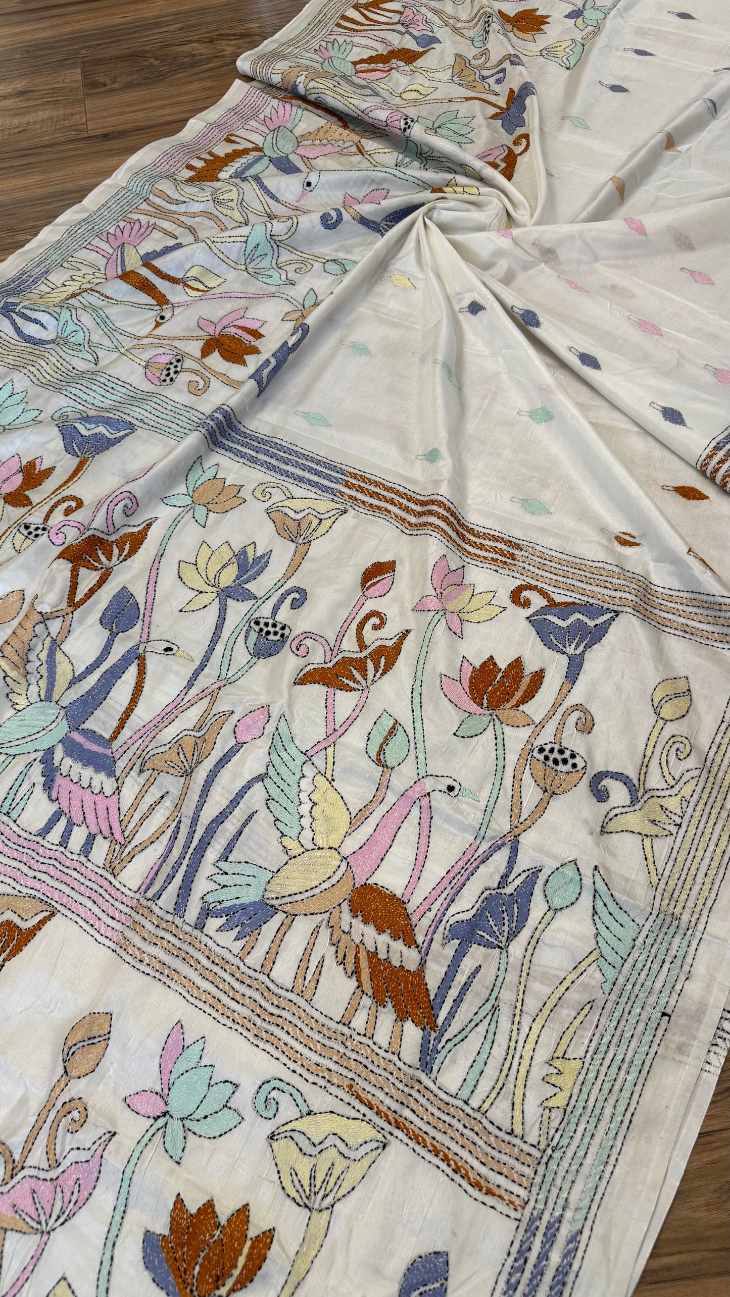 Bangalore Silk Kantha Saree- Heron theme