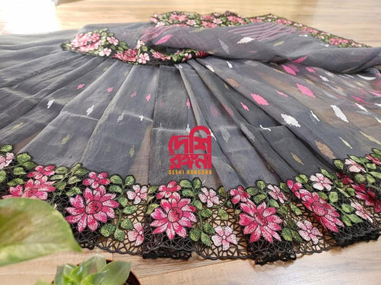 Gray Cutwork Dhakai Jamdani – Halfsilk 64 count