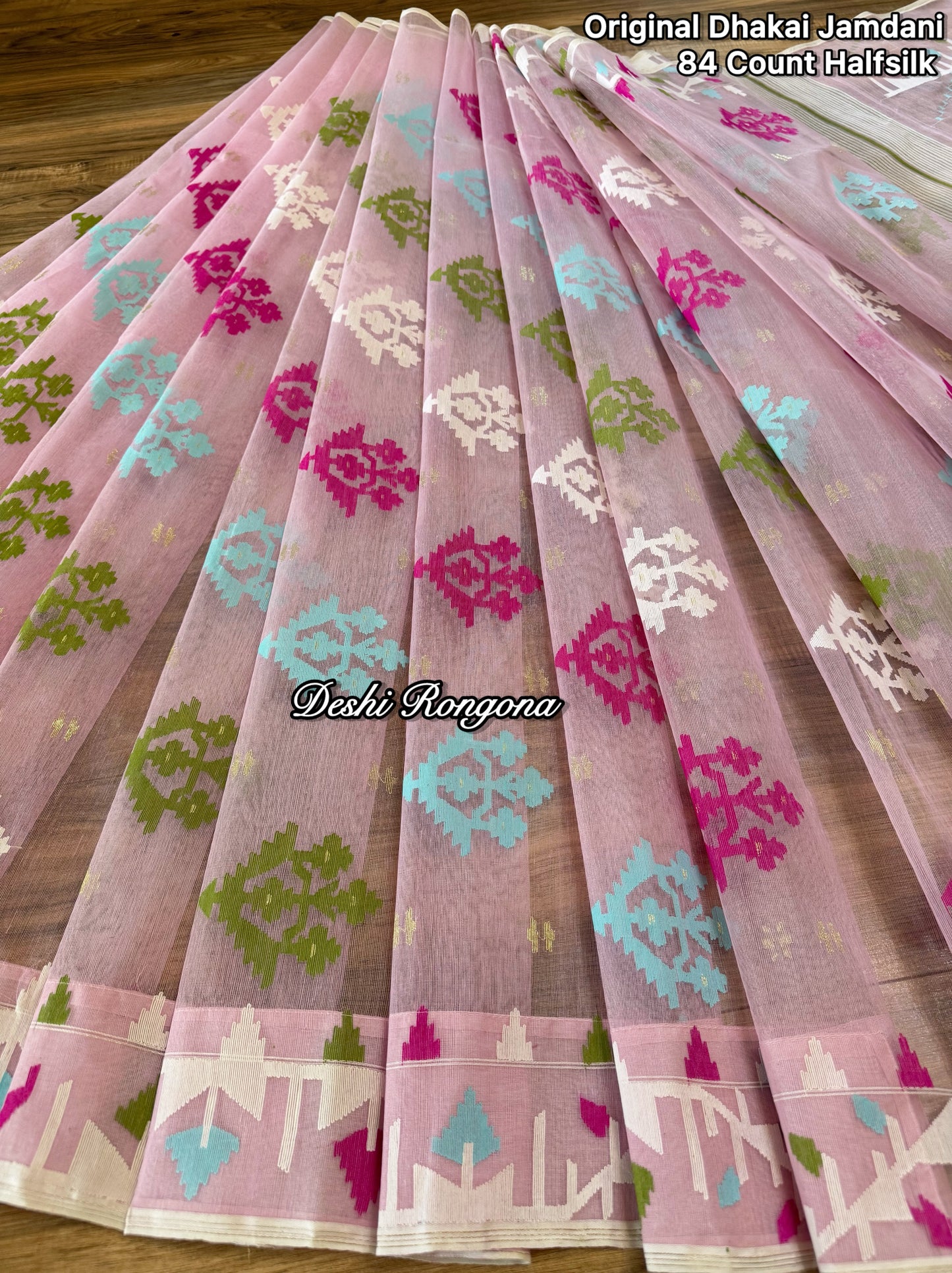 Handwoven Dhakai Jamdani Saree – Baby Pink Halfsilk
