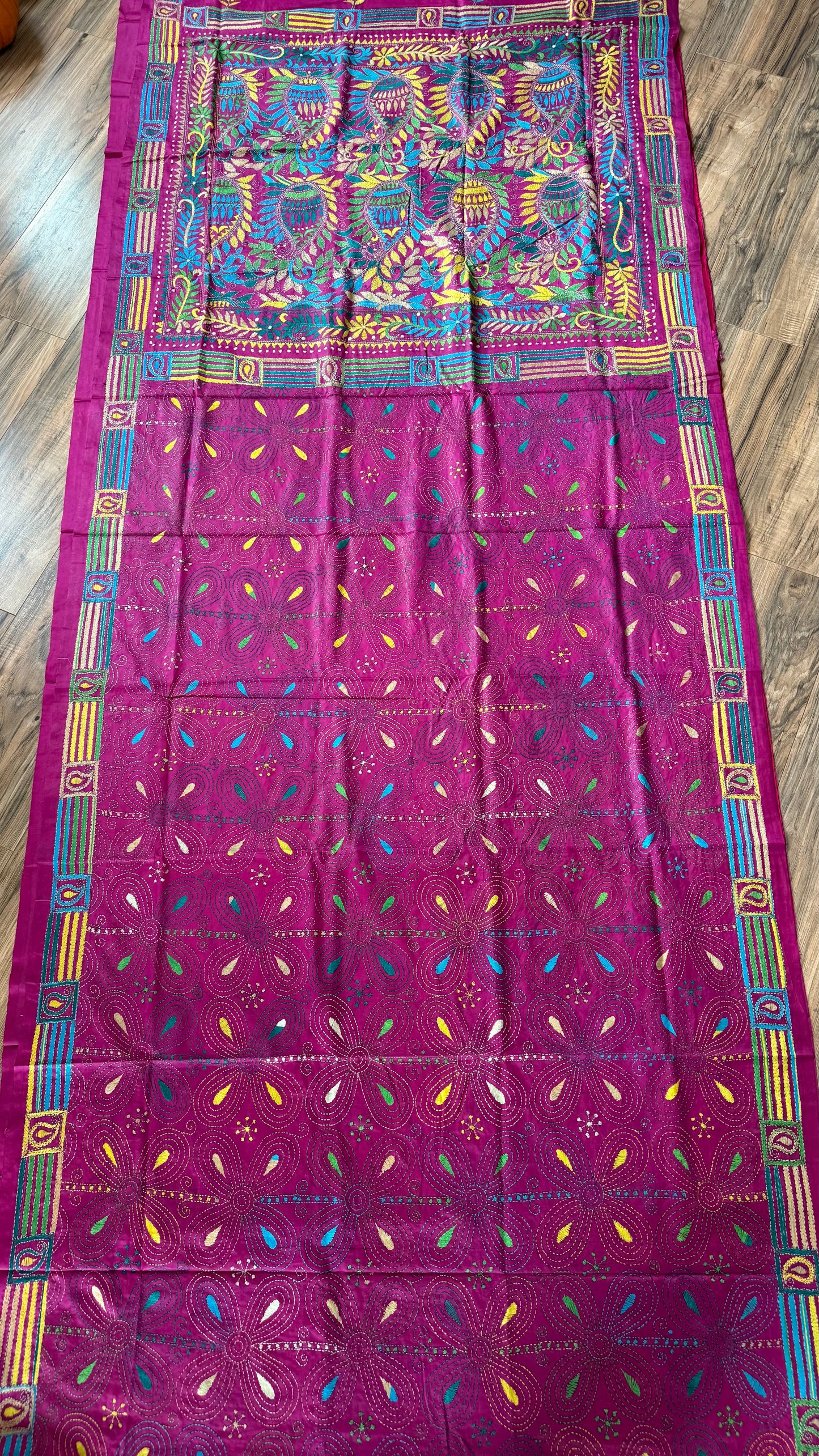 Magenta Pink Bangalore Silk Kantha Saree
