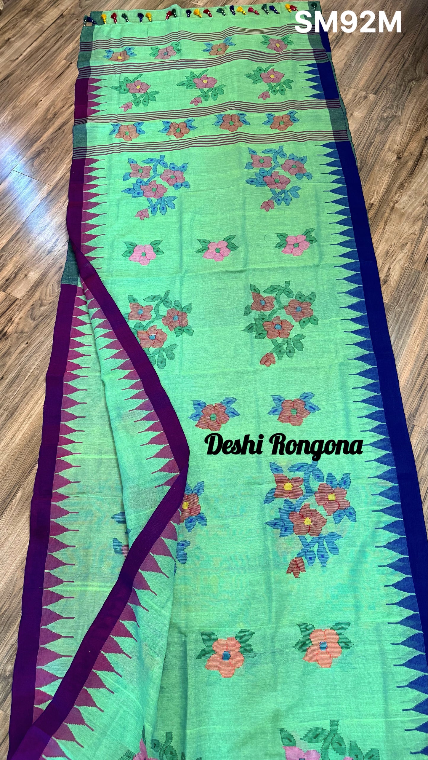 Sylheti Monipuri Saree, Mint with Purple/Blue Border