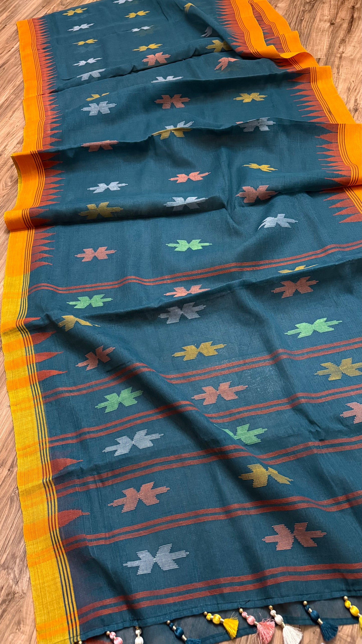 Sylheti Monipuri Handwoven Sea Green Saree with Orange