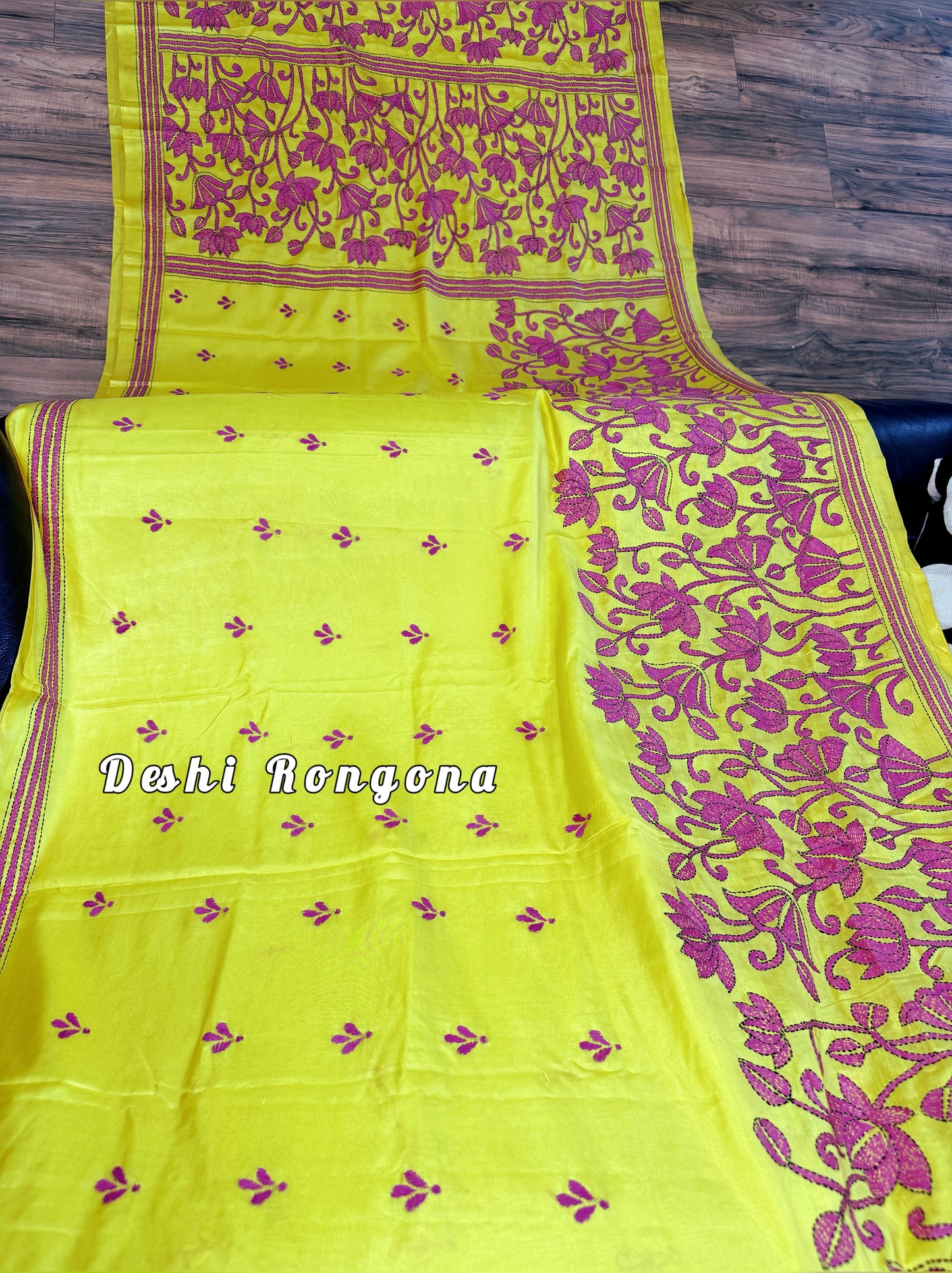 Yellow Bangalore Silk Magenta work Kantha Saree