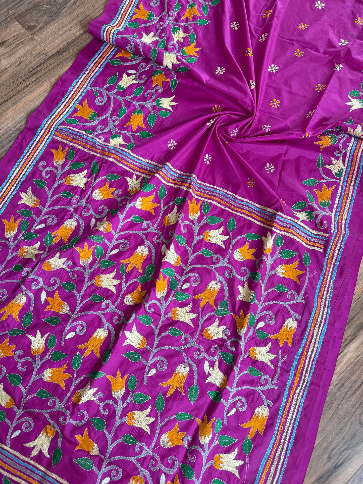 Bright Pink Bangalore Silk Kantha Saree