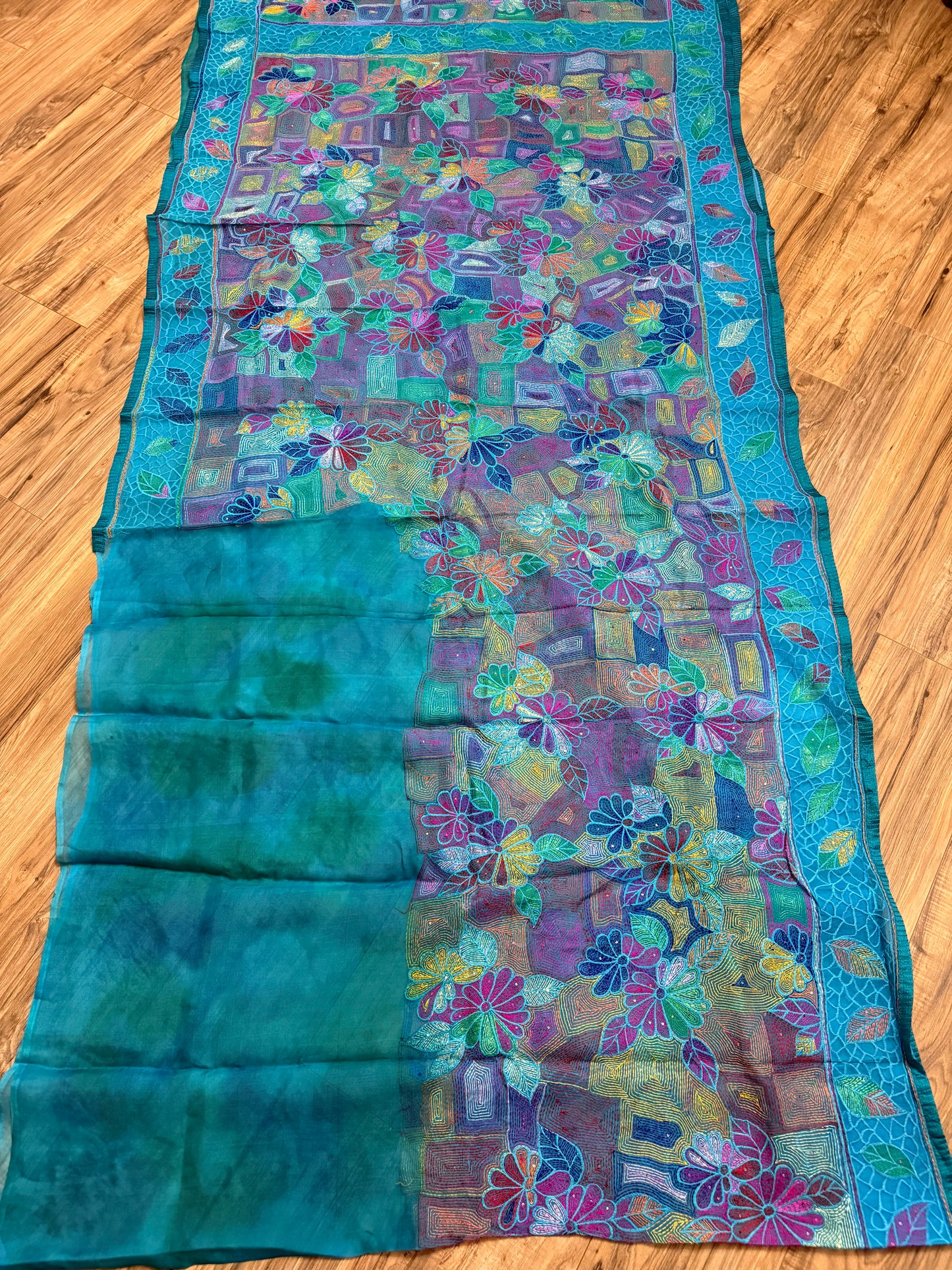 Pure Moslin Saree with Hand kantha and Handpaint