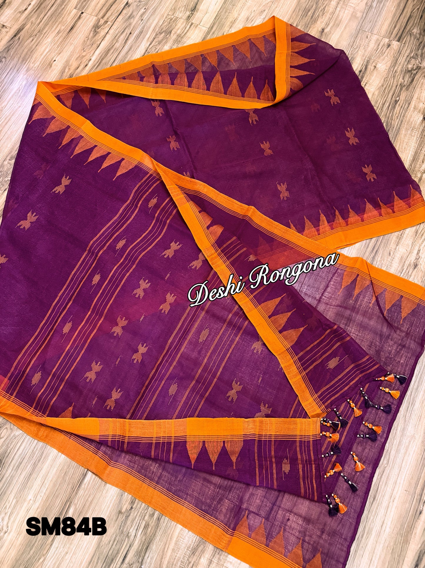 Monipuri Cotton saree, Burgundy and Orange