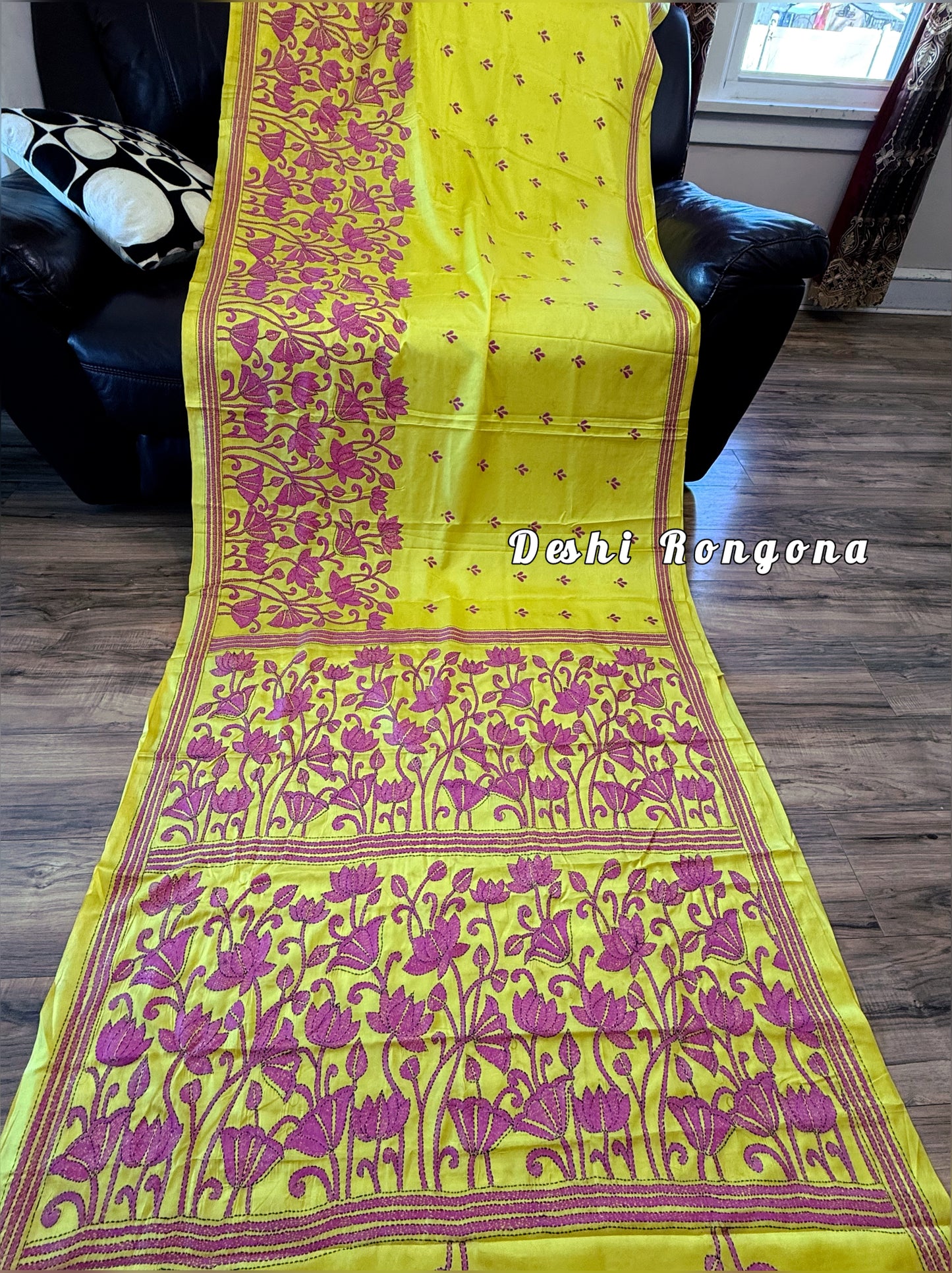 Yellow Bangalore Silk Magenta work Kantha Saree