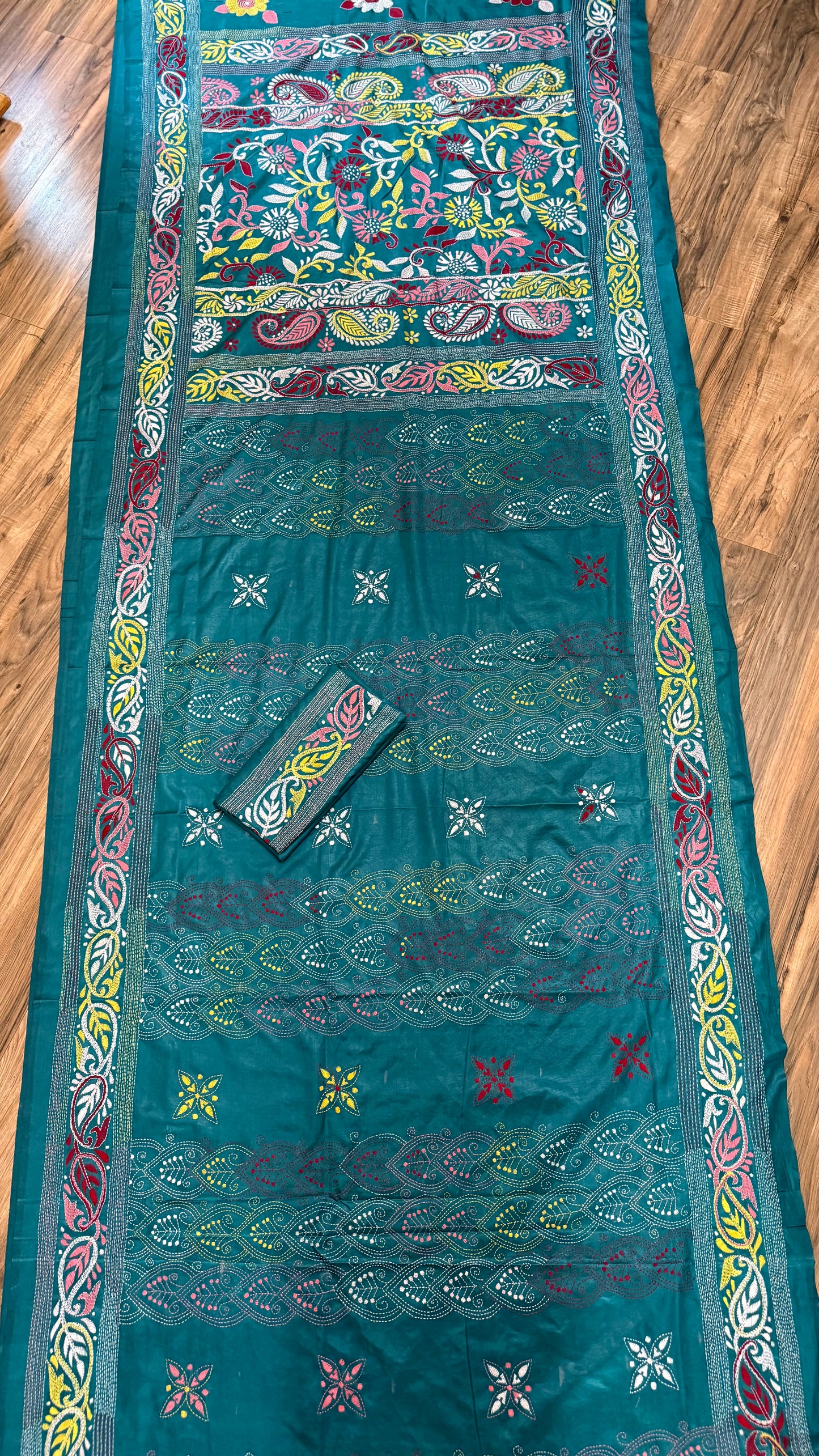 Sea green Bangalore Silk Kantha Saree