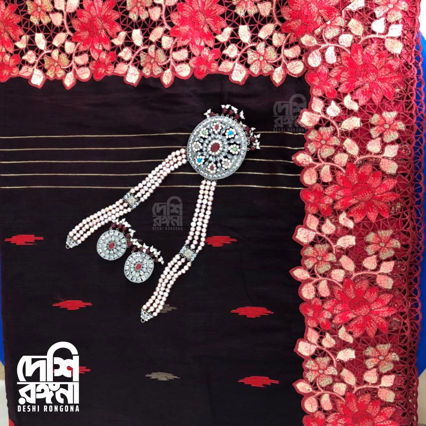 Black-Red Cutwork Dhakai Jamdani – Halfsilk 64 count