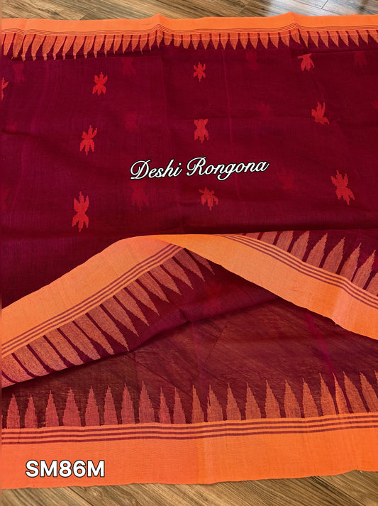 Monipuri Cotton saree, Maroon and Orange