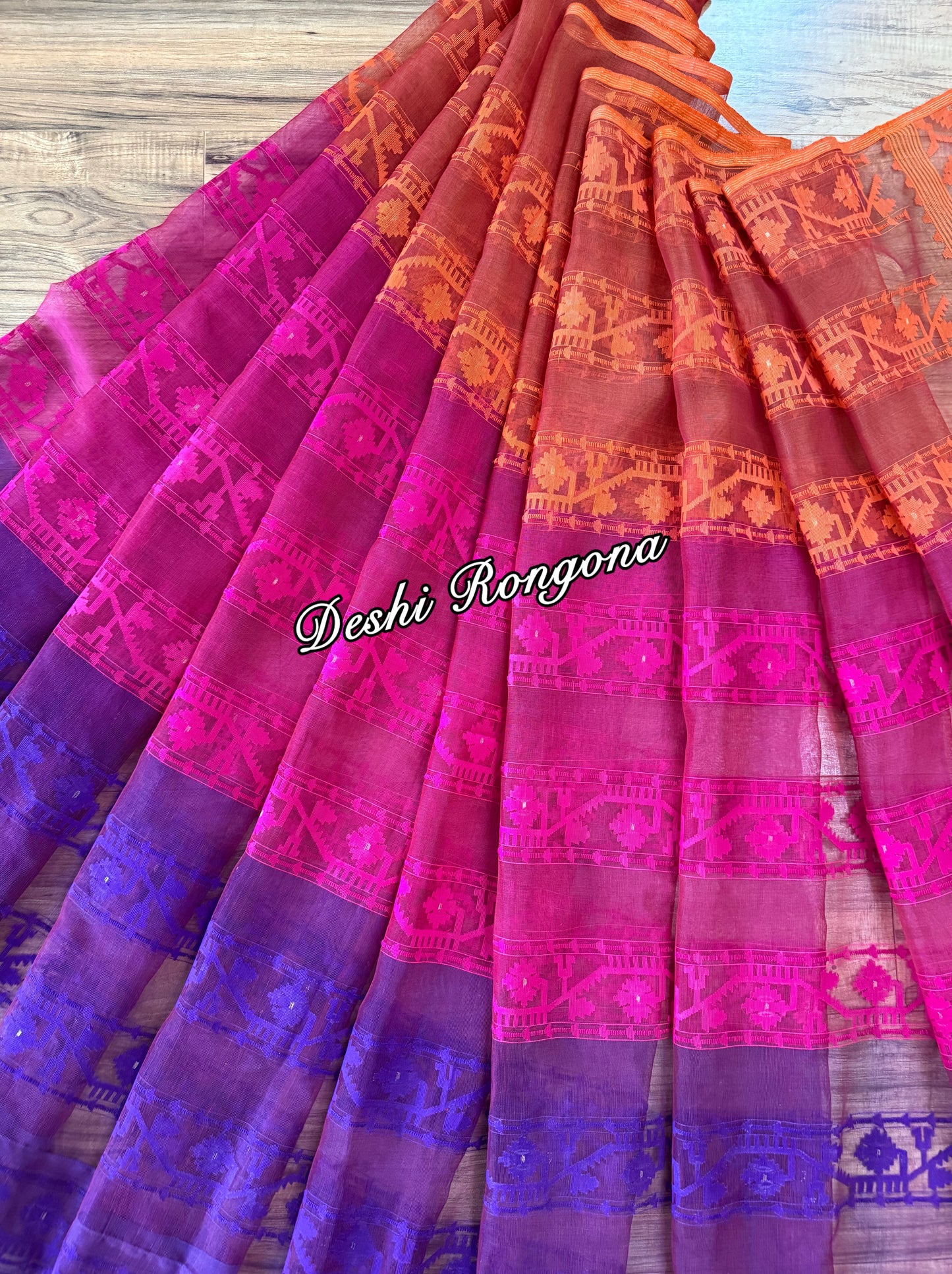 Elegant Magenta Orange Purple Dhakai Jamdani Saree - Handloom Classic