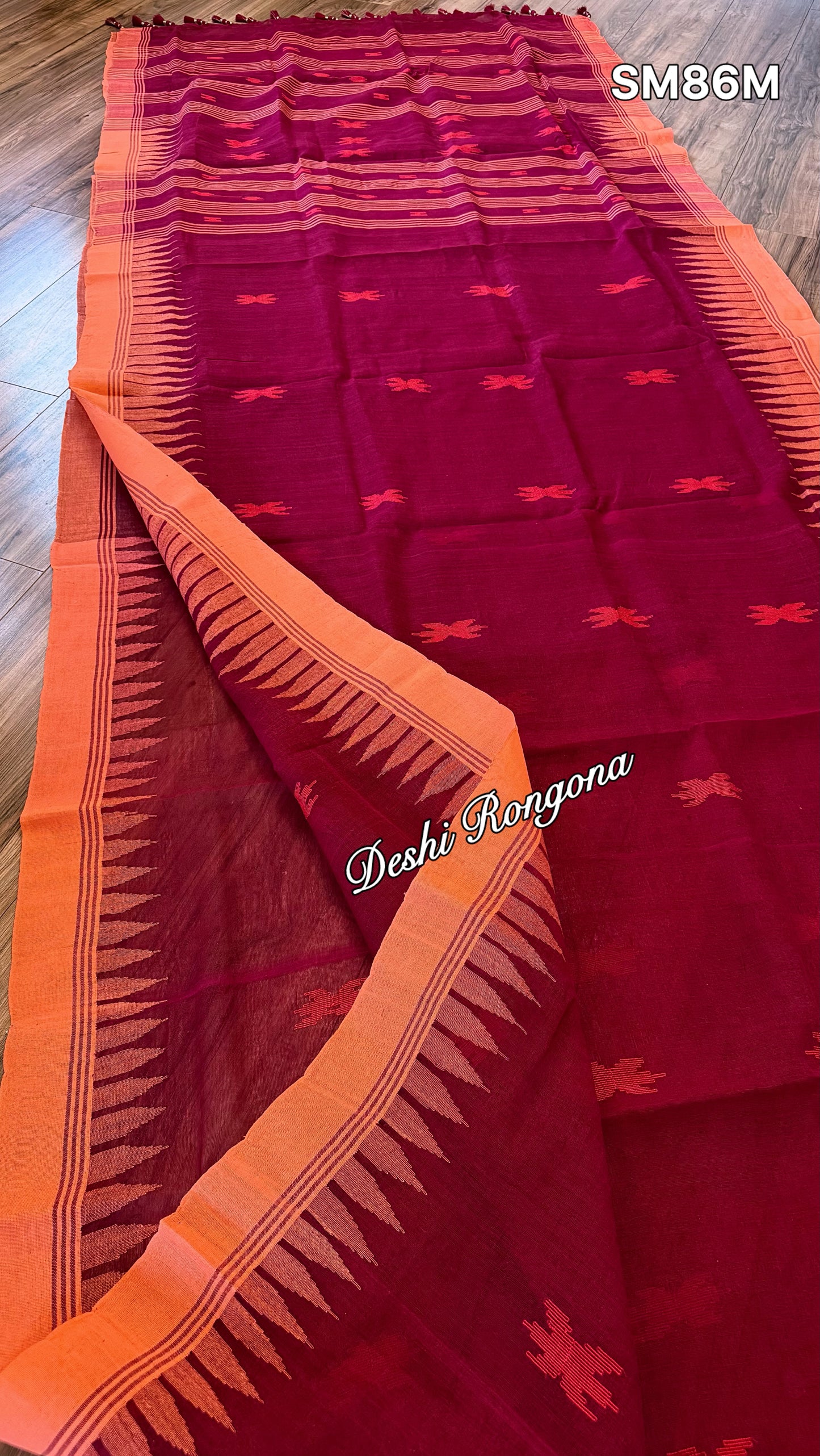 Monipuri Cotton saree, Maroon and Orange