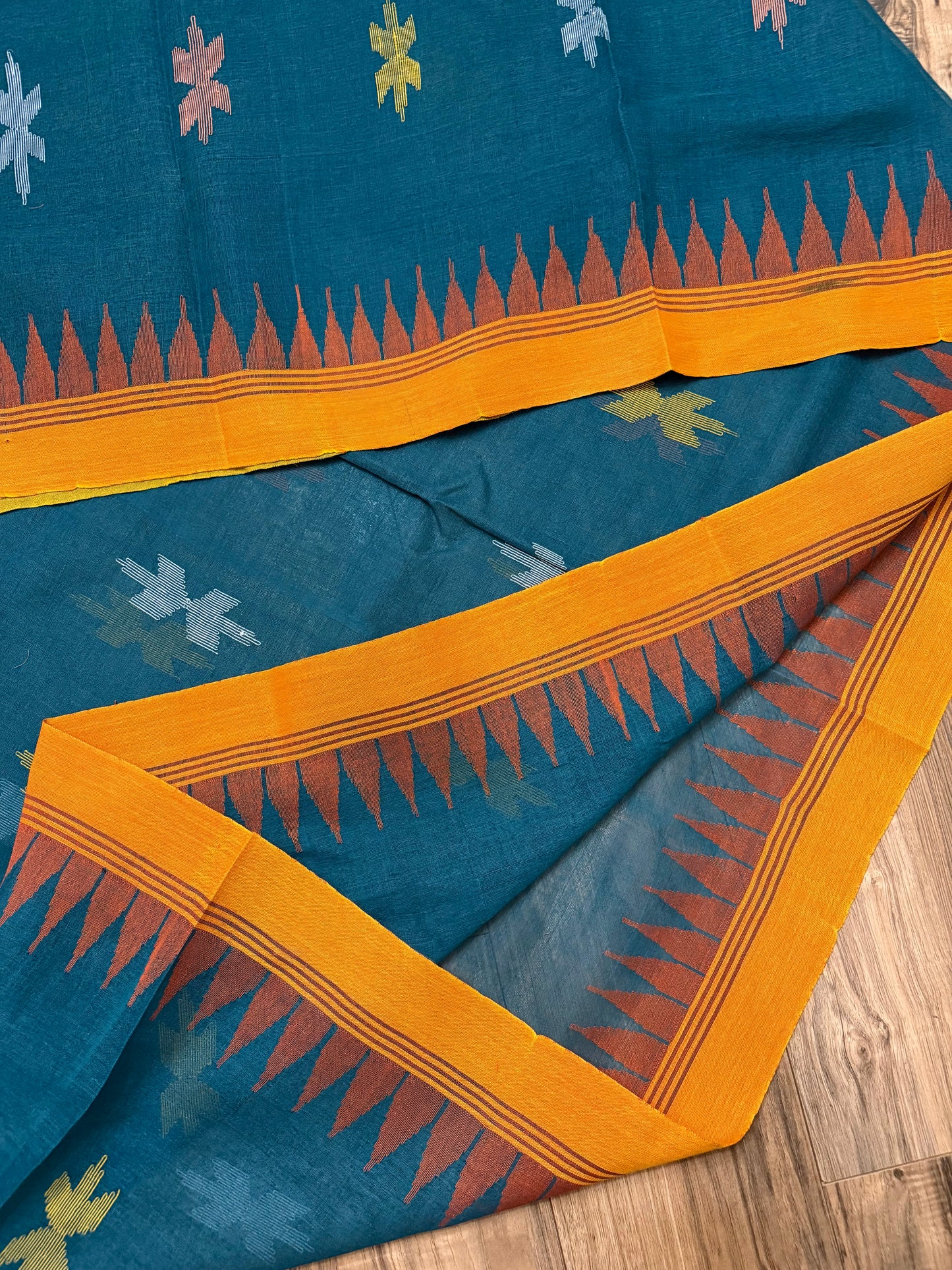 Sylheti Monipuri Handwoven Sea Green Saree with Orange