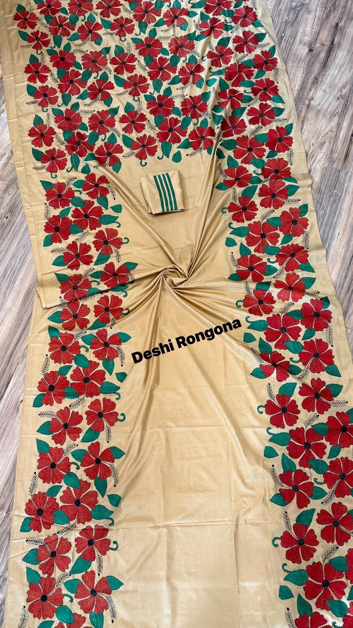Hand Stiched Silk Kantha Saree, Golden with Red Joba