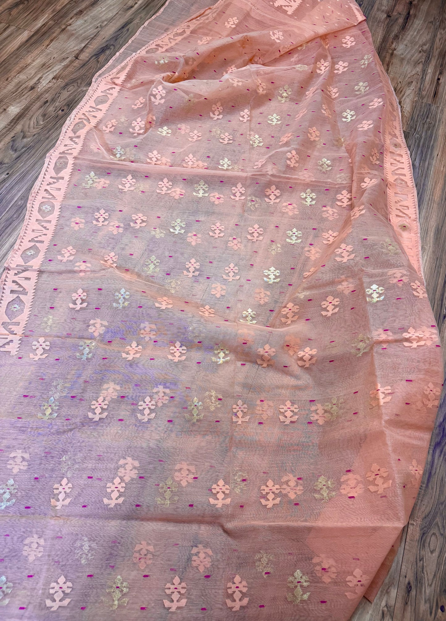 Handwoven Dhakai Jamdani Saree – Peach Halfsilk