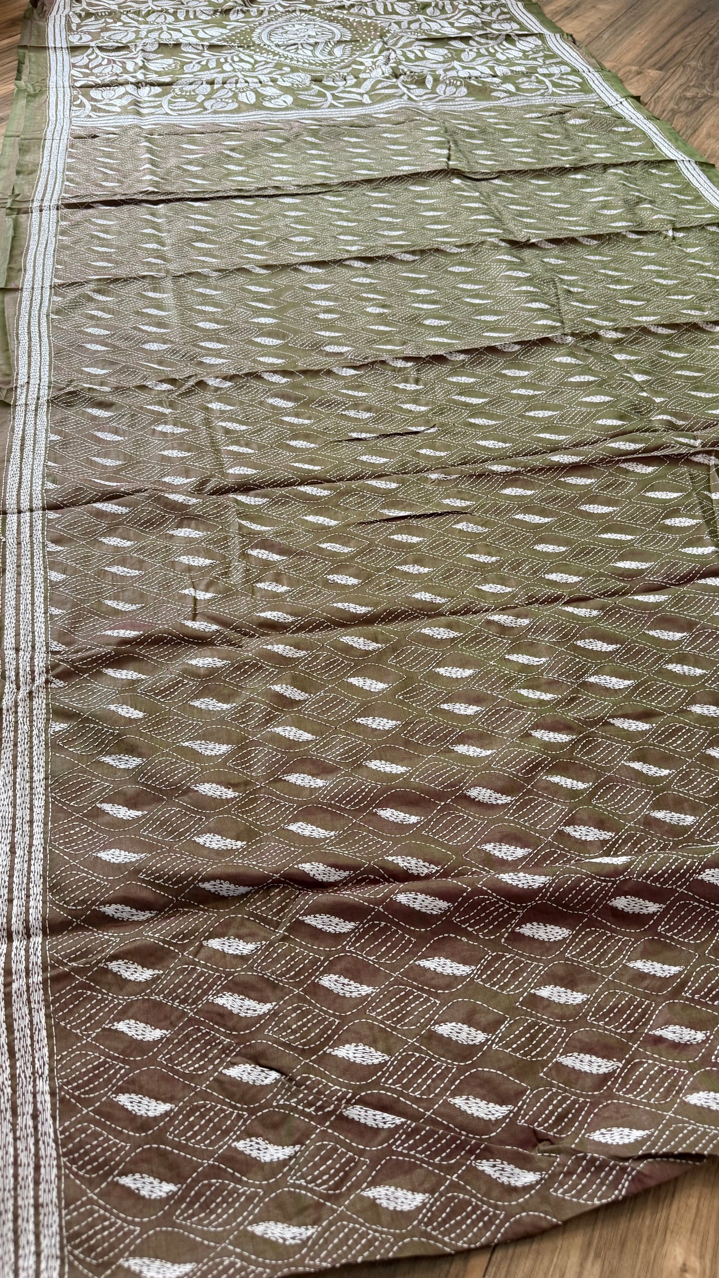 Duel Tone Olive Bangalore Silk Kantha Saree