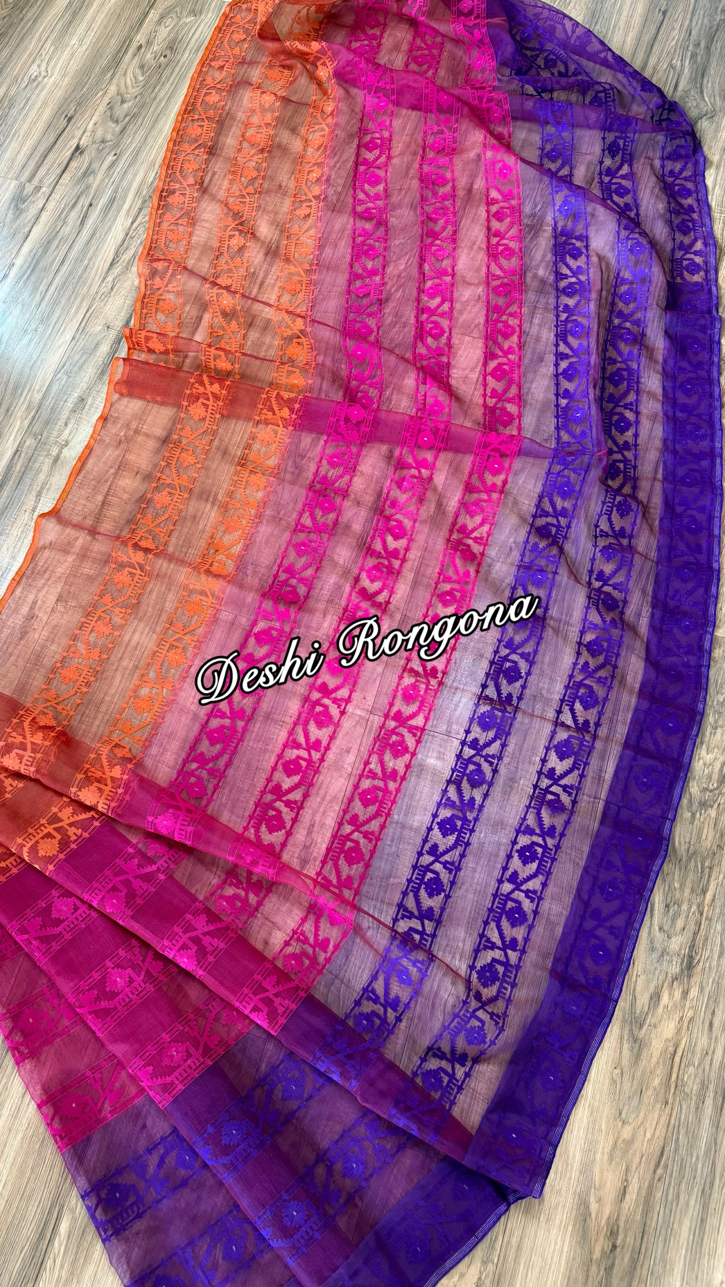 Elegant Magenta Orange Purple Dhakai Jamdani Saree - Handloom Classic