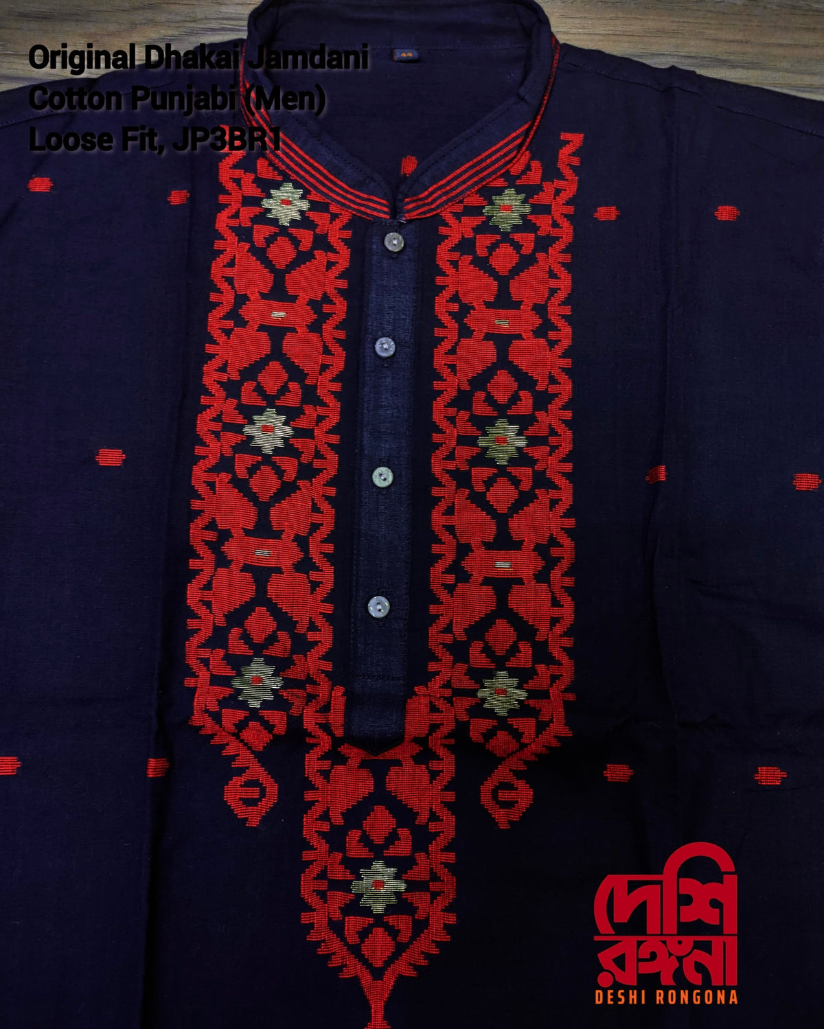 Original Dhakai Jamdani Men Punjabi, Black-Pure Cotton