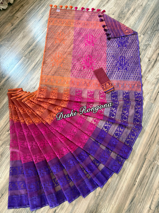Elegant Magenta Orange Purple Dhakai Jamdani Saree - Handloom Classic