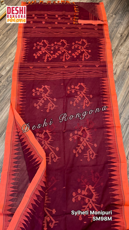 Monipuri Cotton saree, Maroon and Orange