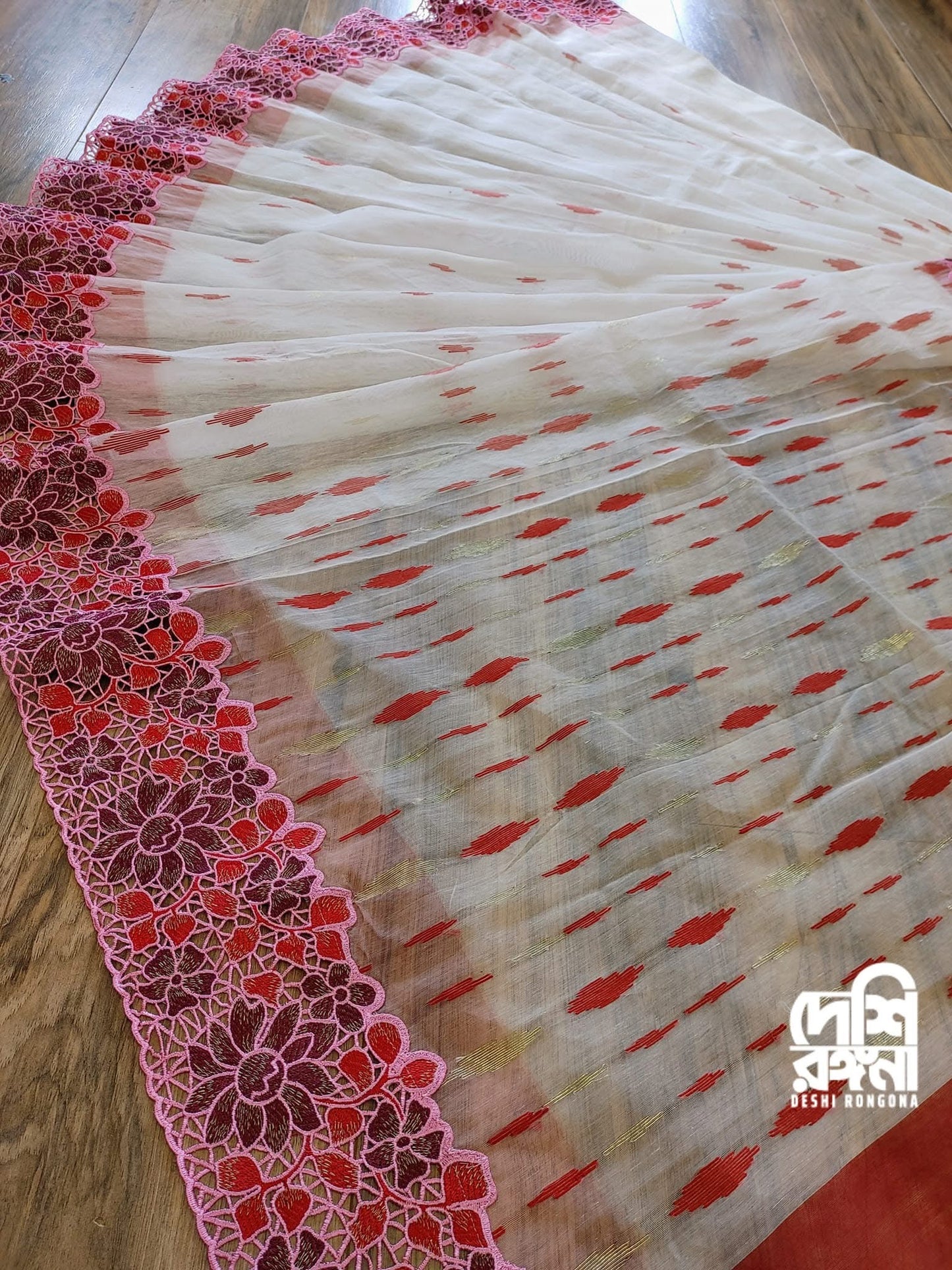 White-Red Cutwork Dhakai Jamdani – Designer Collection