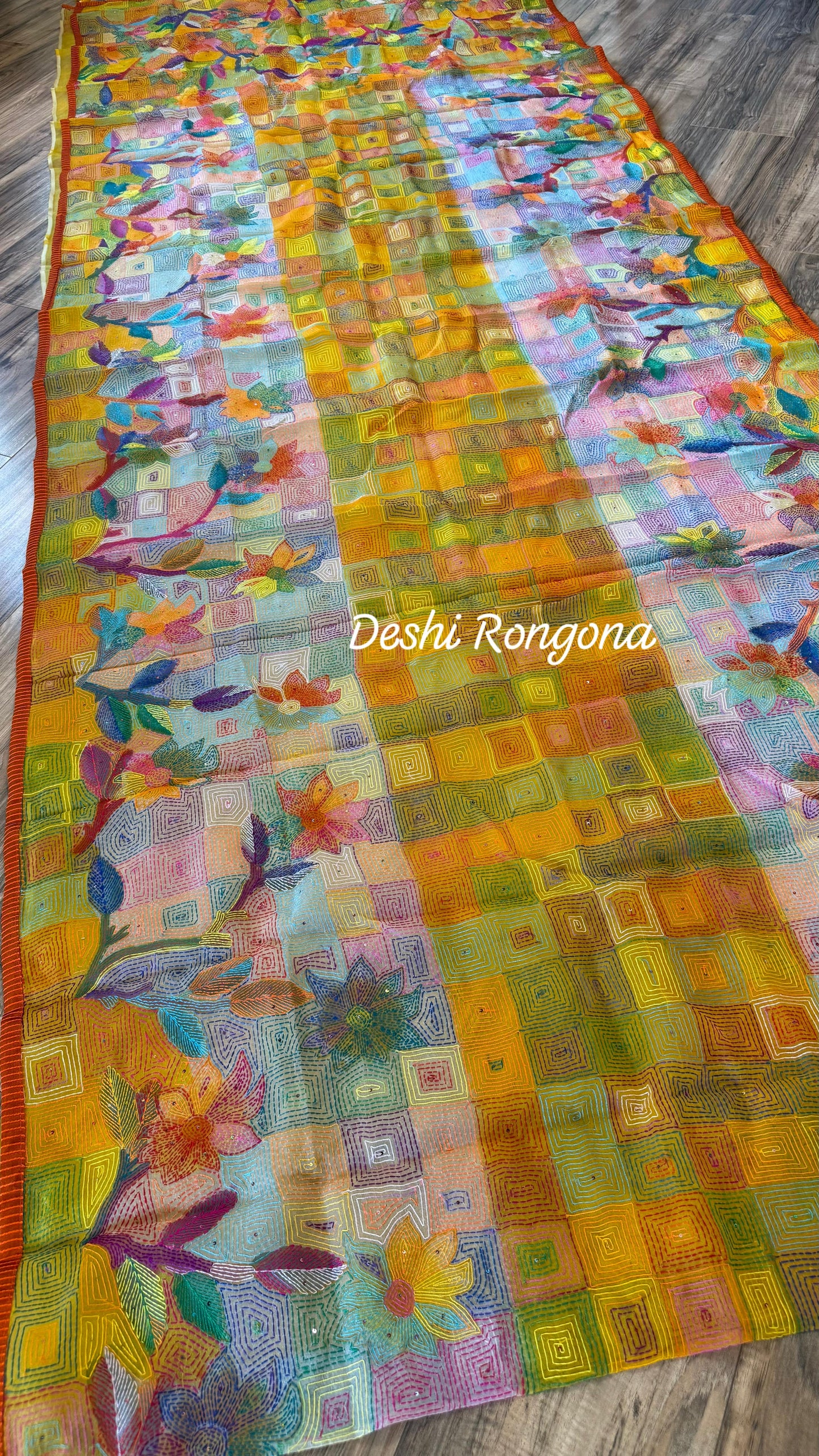 Pure Moslin Saree with Hand kantha and Handpaint