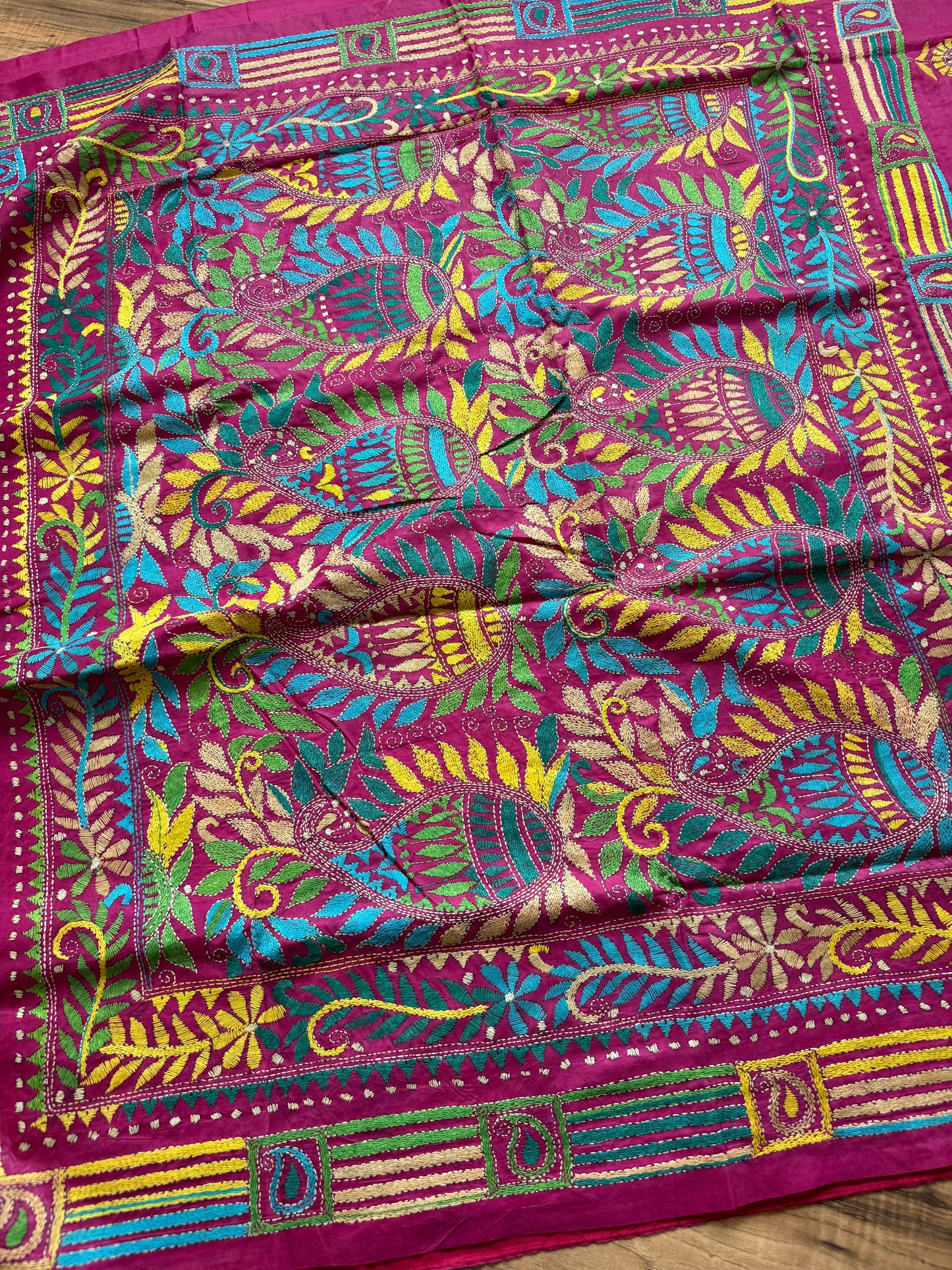 Magenta Pink Bangalore Silk Kantha Saree
