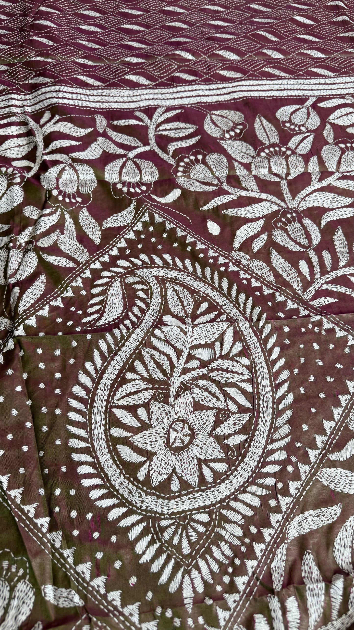 Duel Tone Olive Bangalore Silk Kantha Saree
