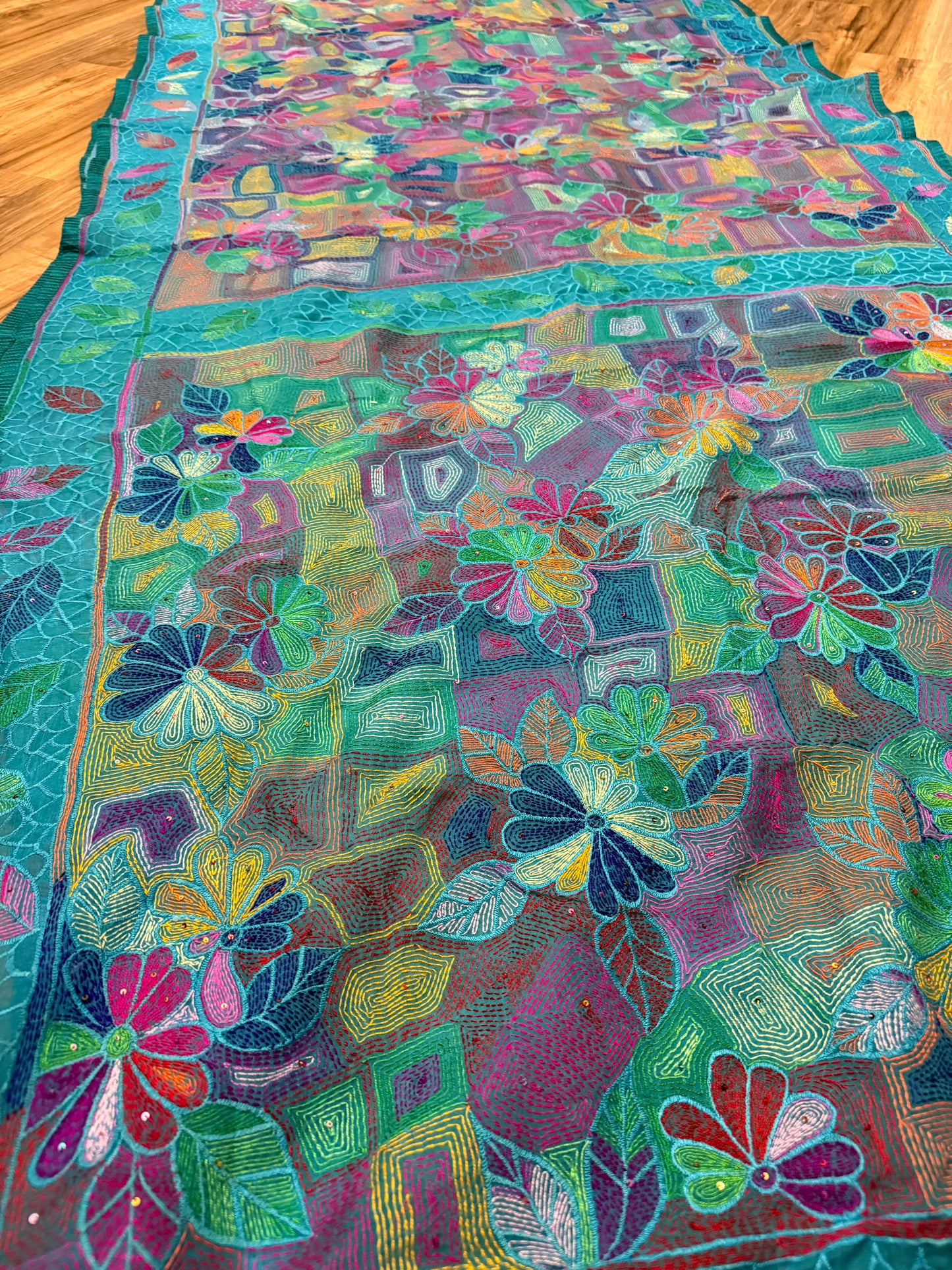 Pure Moslin Saree with Hand kantha and Handpaint