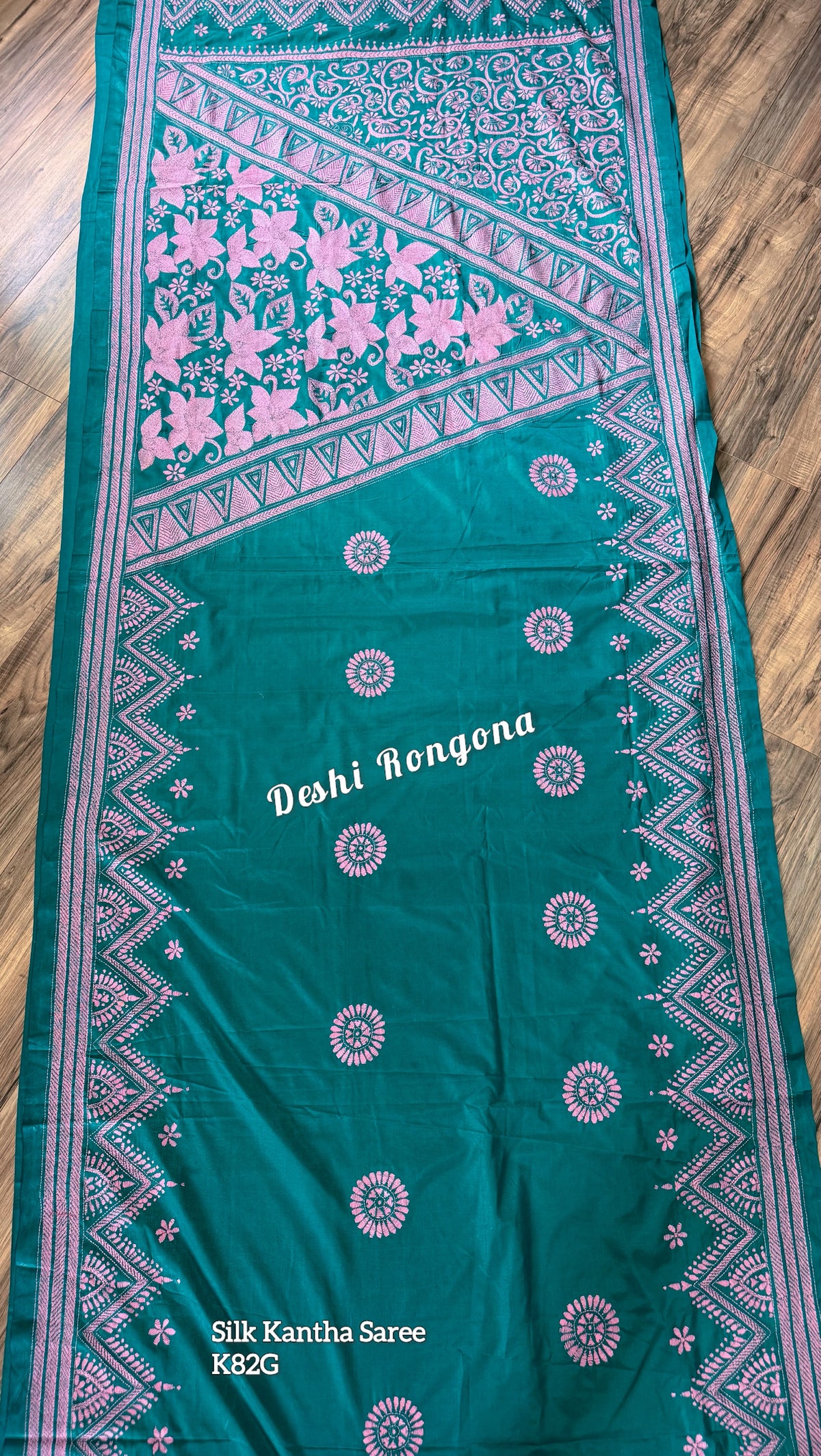 Sea green Bangalore Silk Kantha Saree with pink work