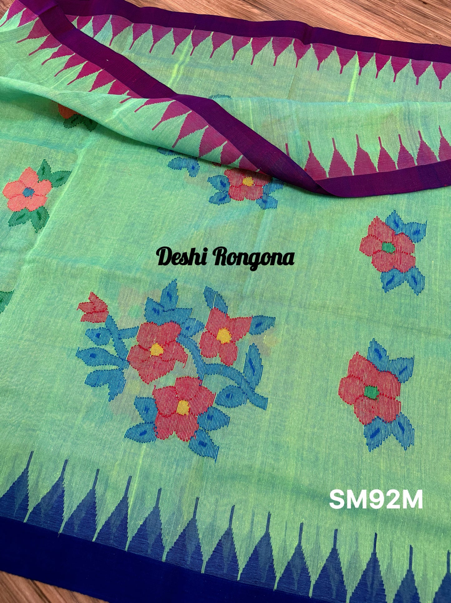 Sylheti Monipuri Saree, Mint with Purple/Blue Border