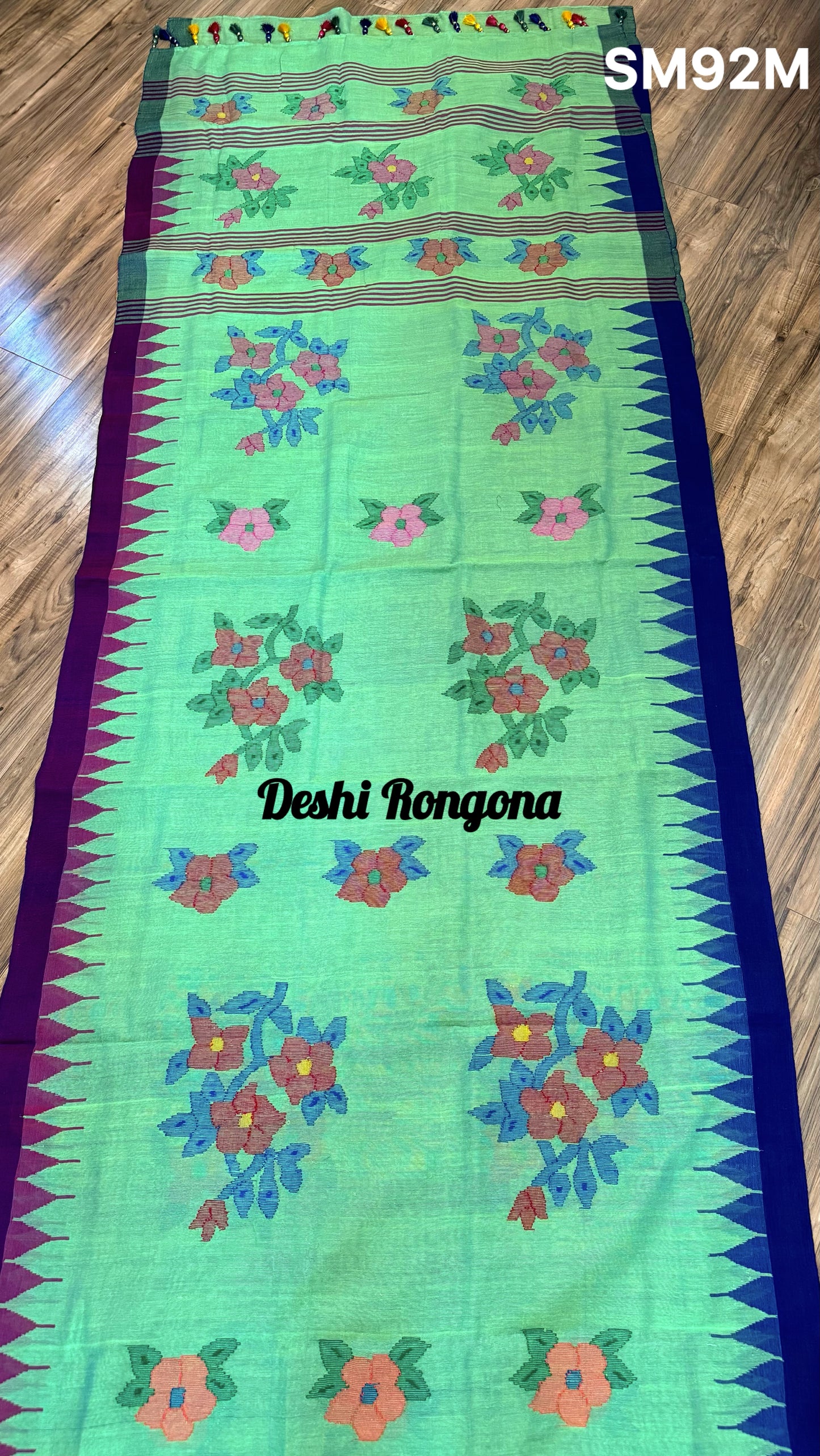 Sylheti Monipuri Saree, Mint with Purple/Blue Border