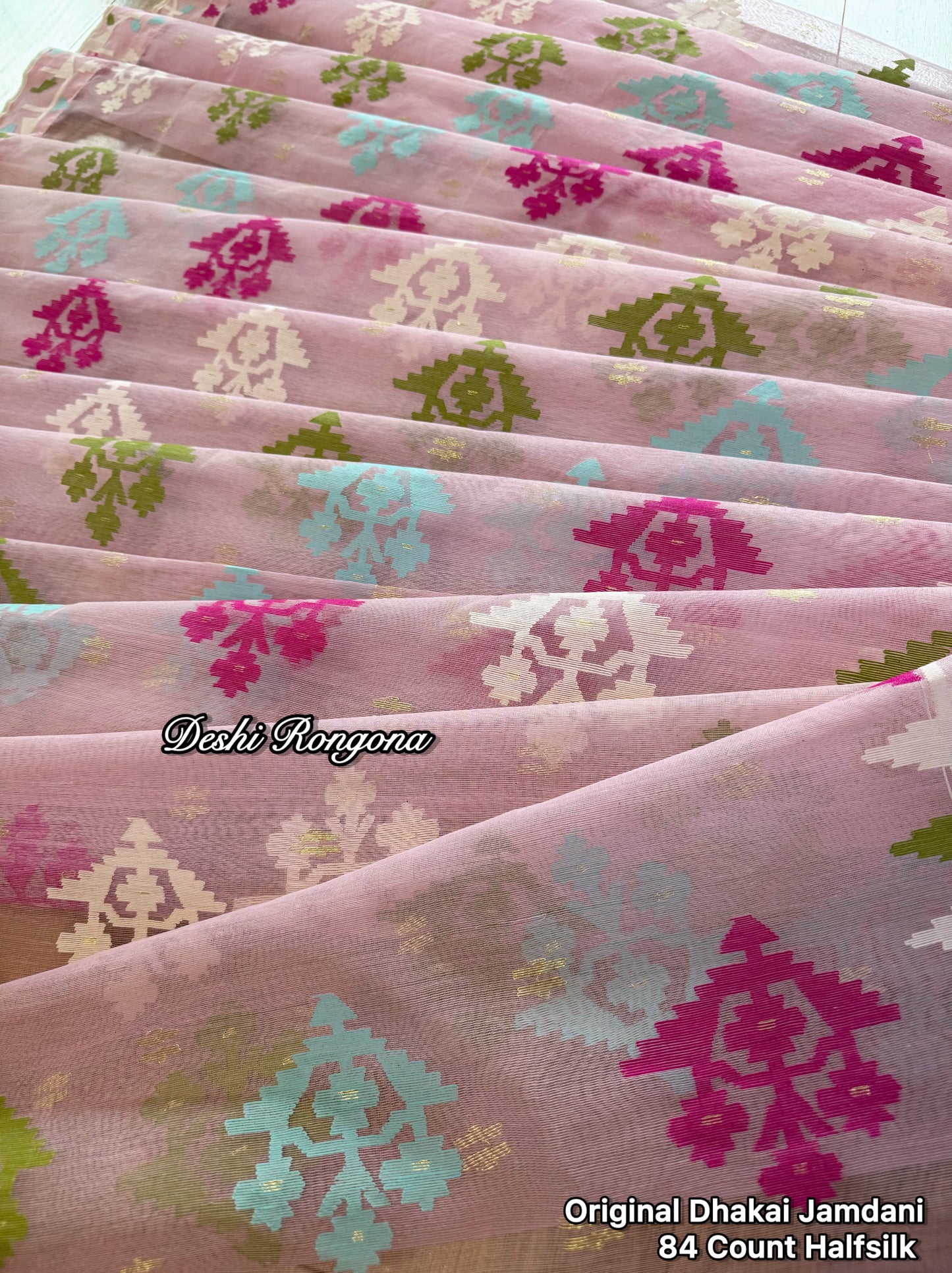 Handwoven Dhakai Jamdani Saree – Baby Pink Halfsilk